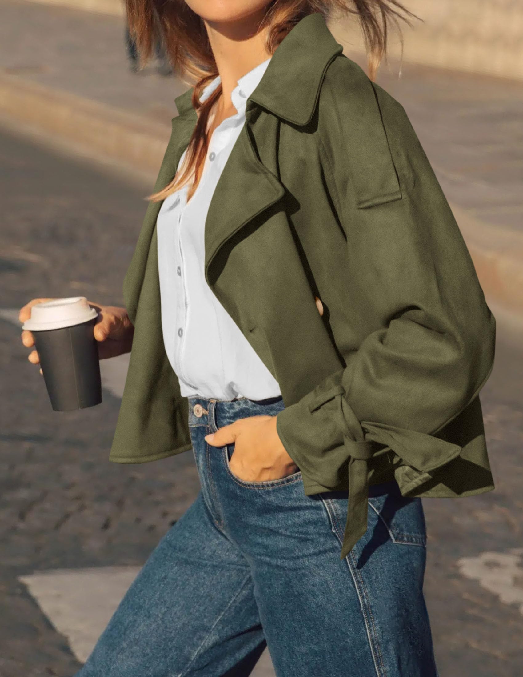 Women Faux Suede Double Breasted Trench Coat Cropped Jackets