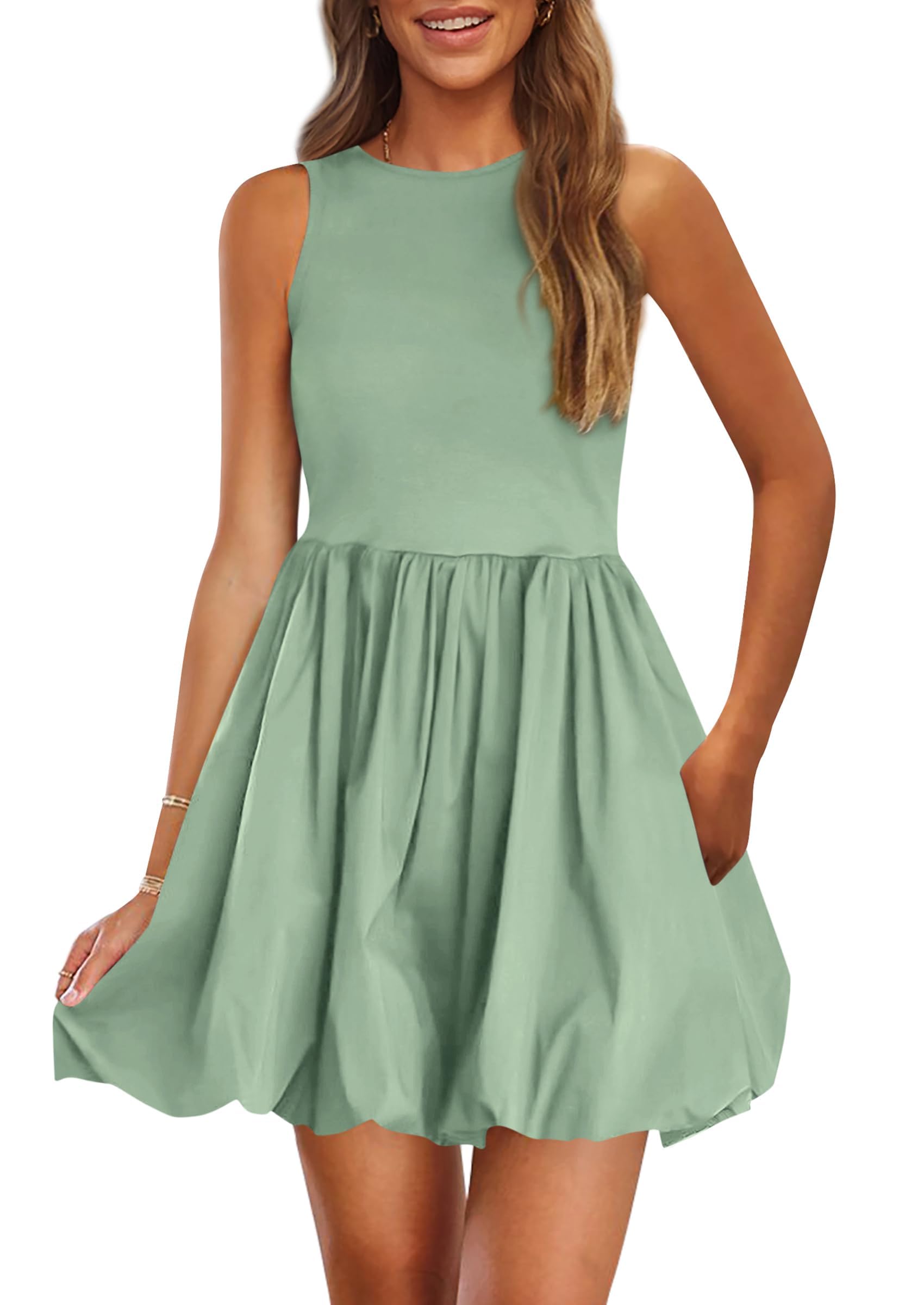 Womens Summer Bubble Sleeveless Mini Dress,Green,S