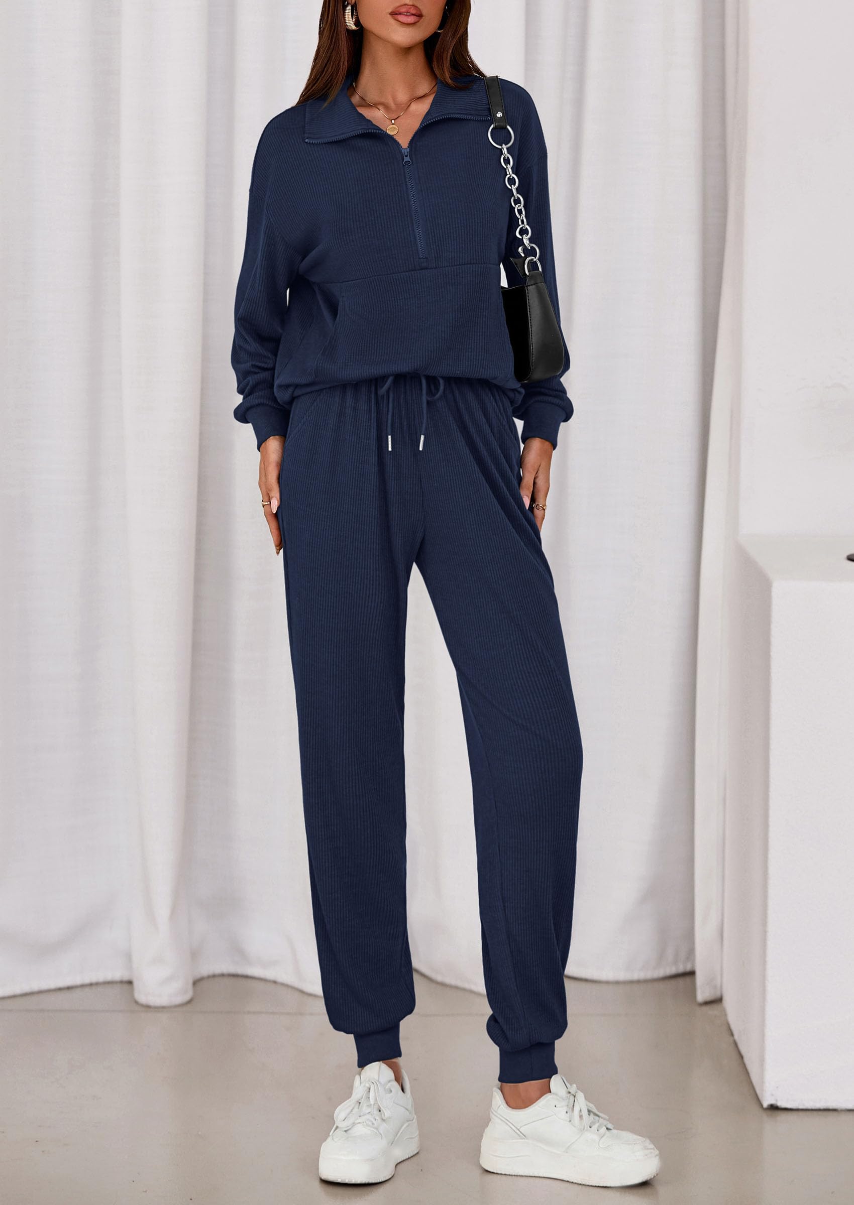 Airport Travel Outfit Women Ribbed Knit Matching Lounge Sets