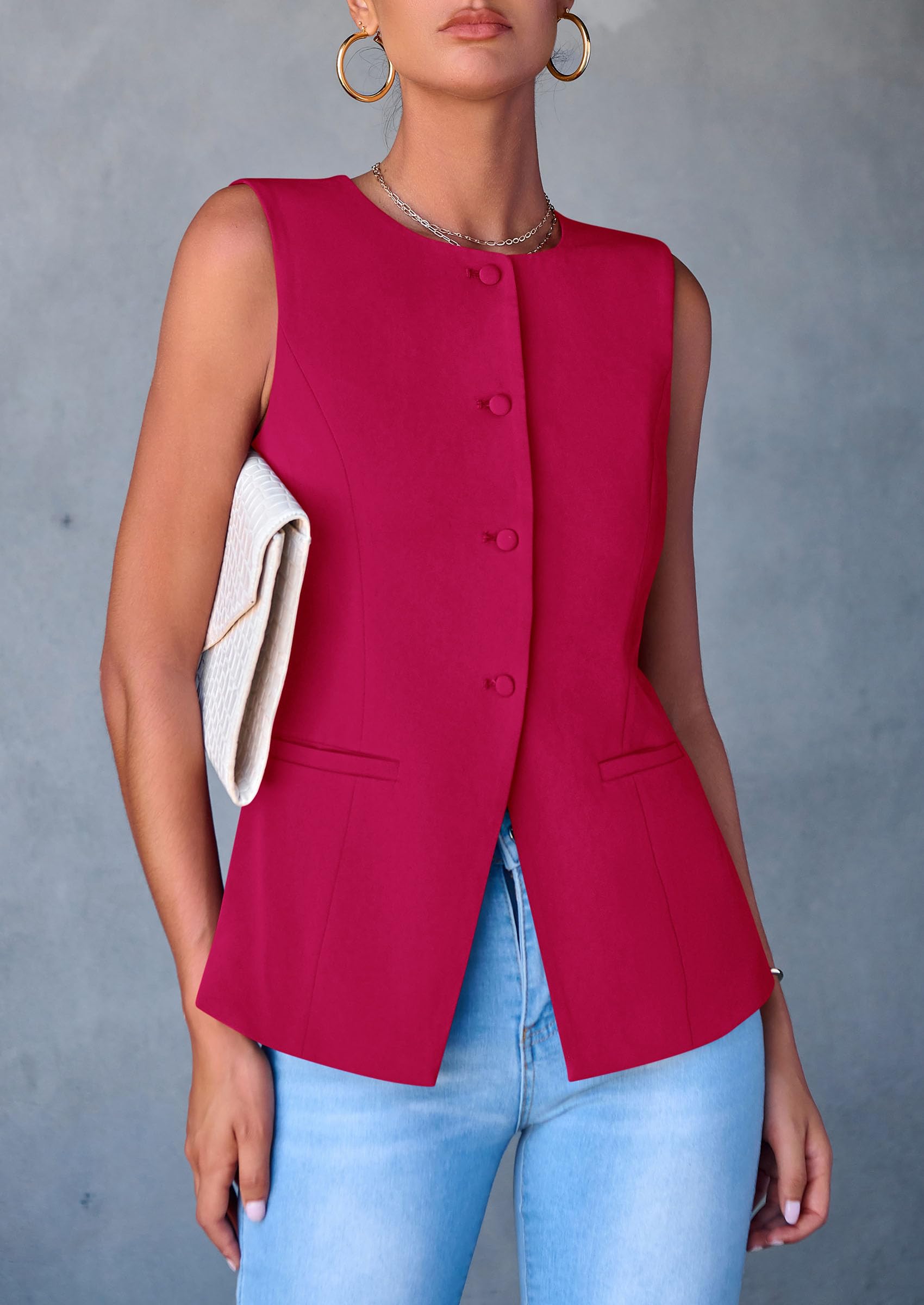 Women Tailored Suit Vest Business Casual Tops, Magenta,S
