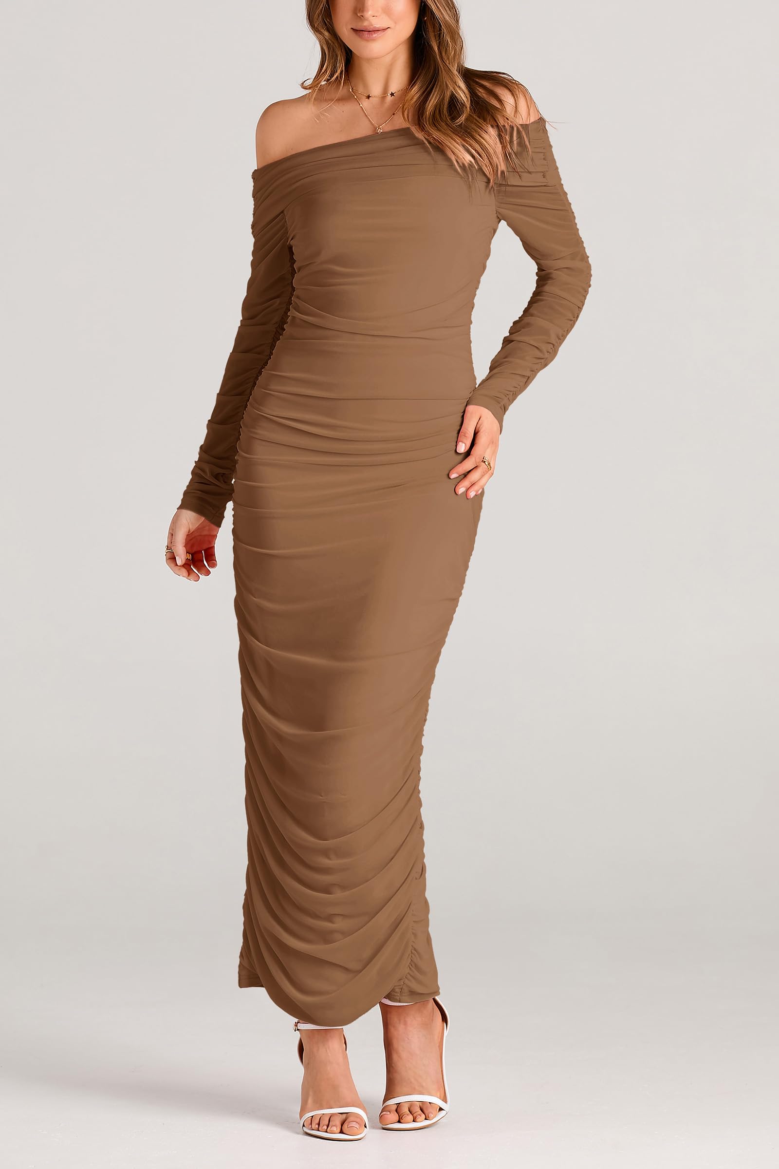 Women's Off the Shoulder Maxi Bodycon Dress, Light Brown,S