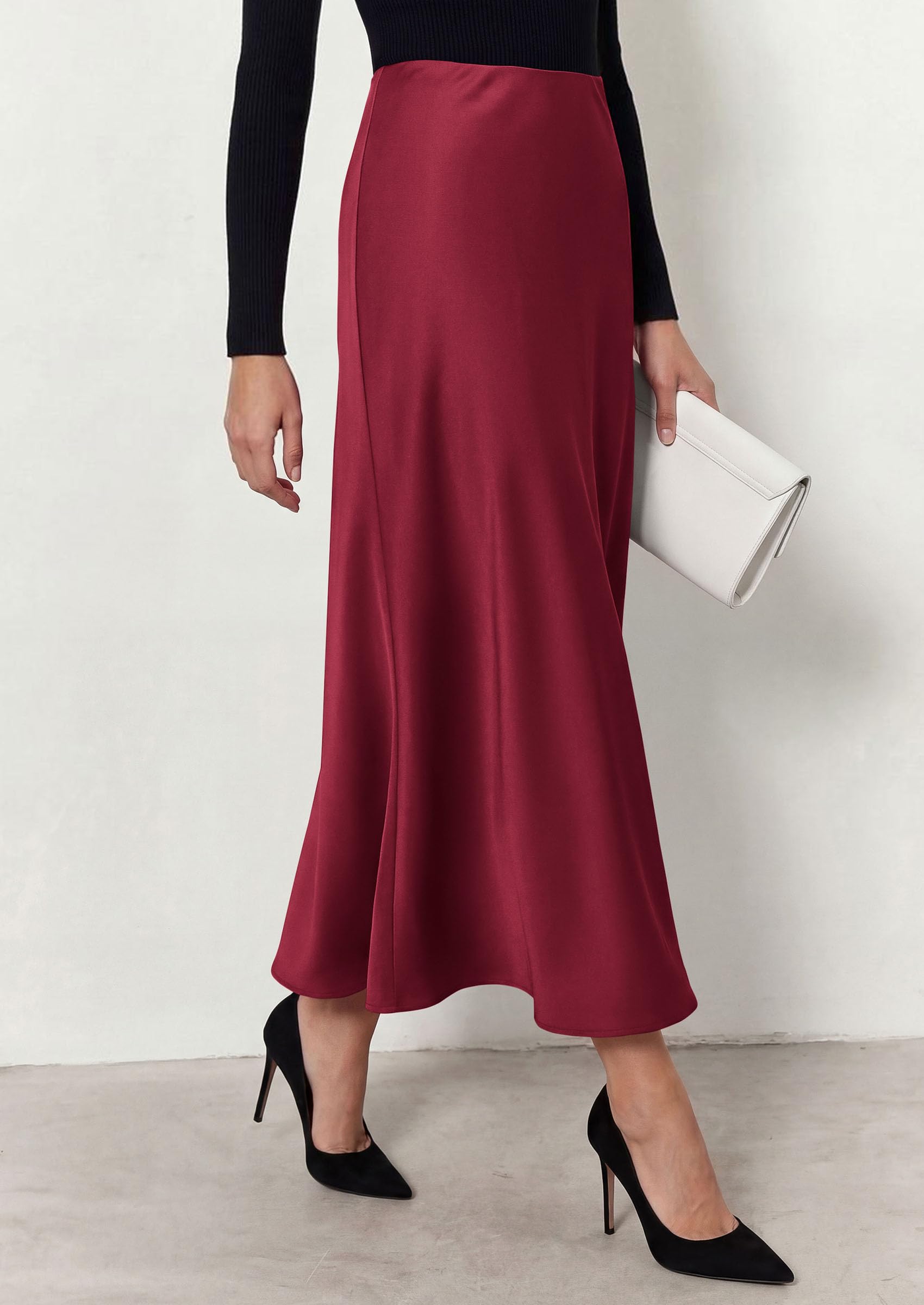 Women's Silk Satin Maxi Skirts Fall Clothes (Burgundy,S)