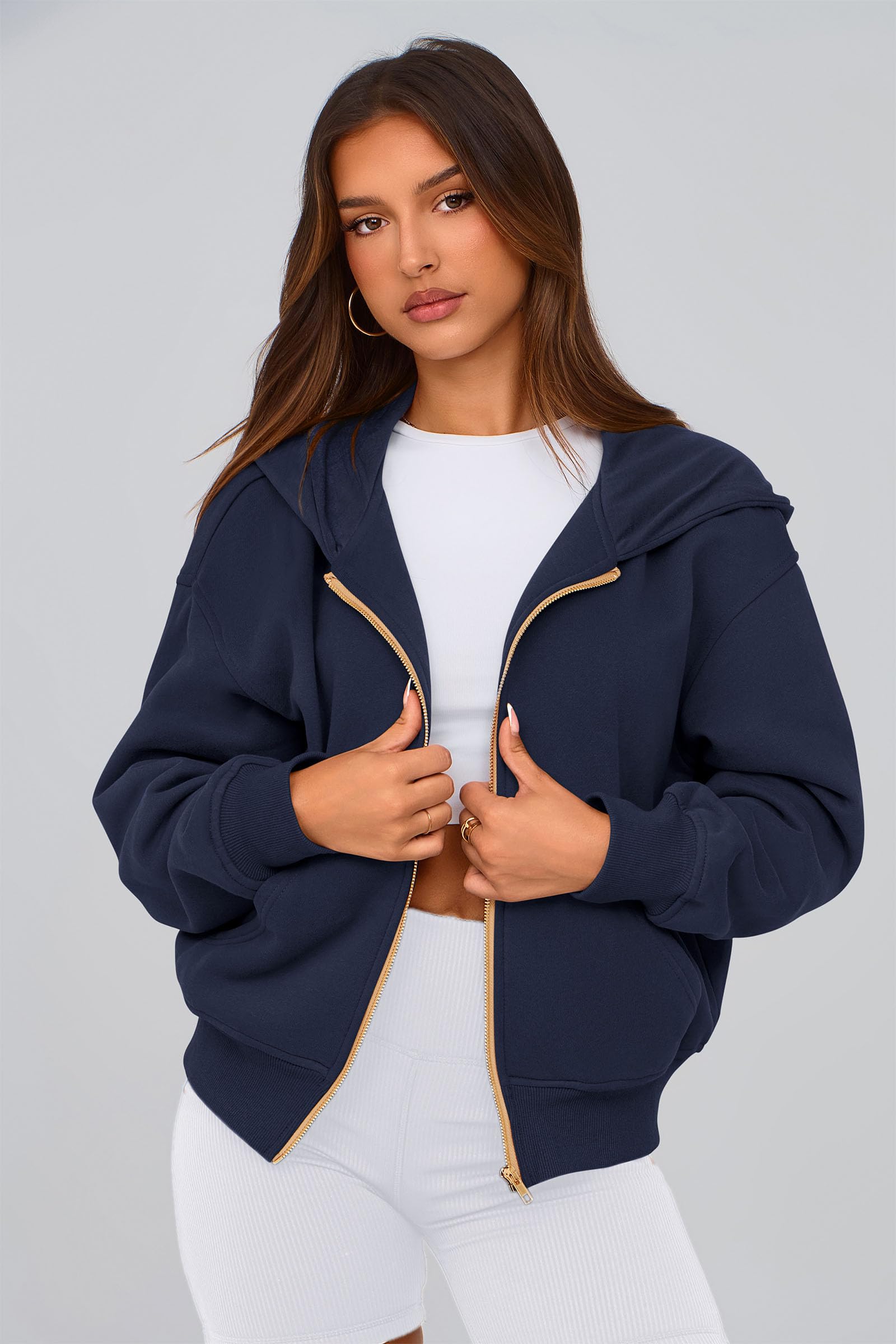 Hoodies for Women Fall Fashion Zip Up Fleece Plain Sweatshirt
