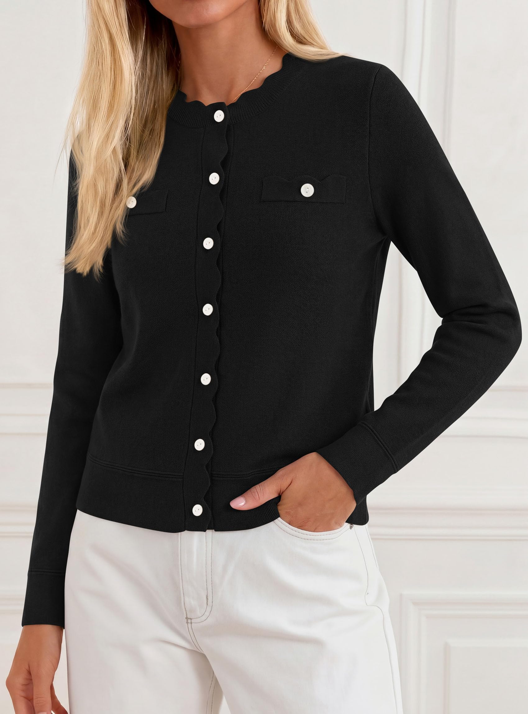 Womens Lightweight Cardigan Sweaters Scalloped Trim Fall Tops