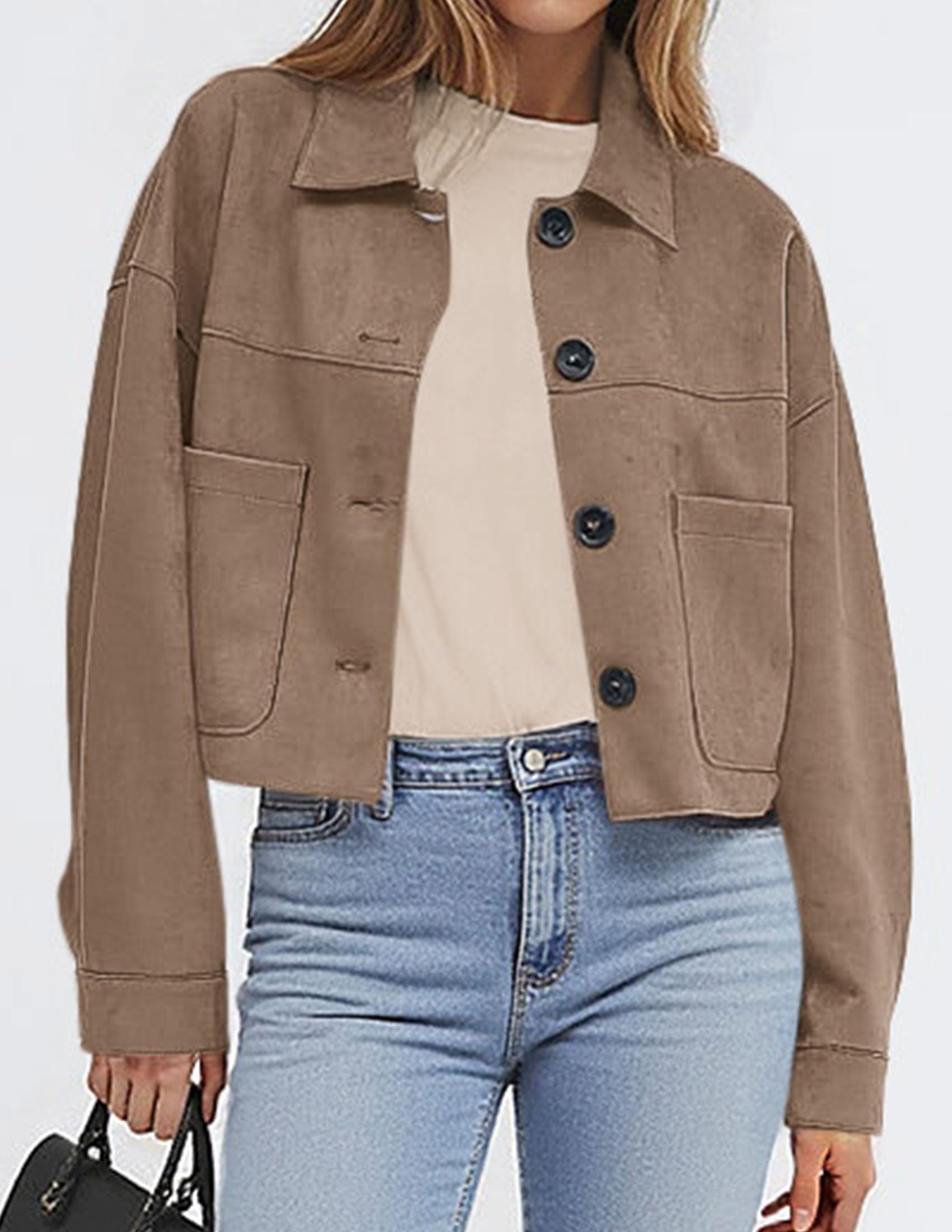 Women's Faux Suede Shacket Jackets Lightweight Cropped Coats