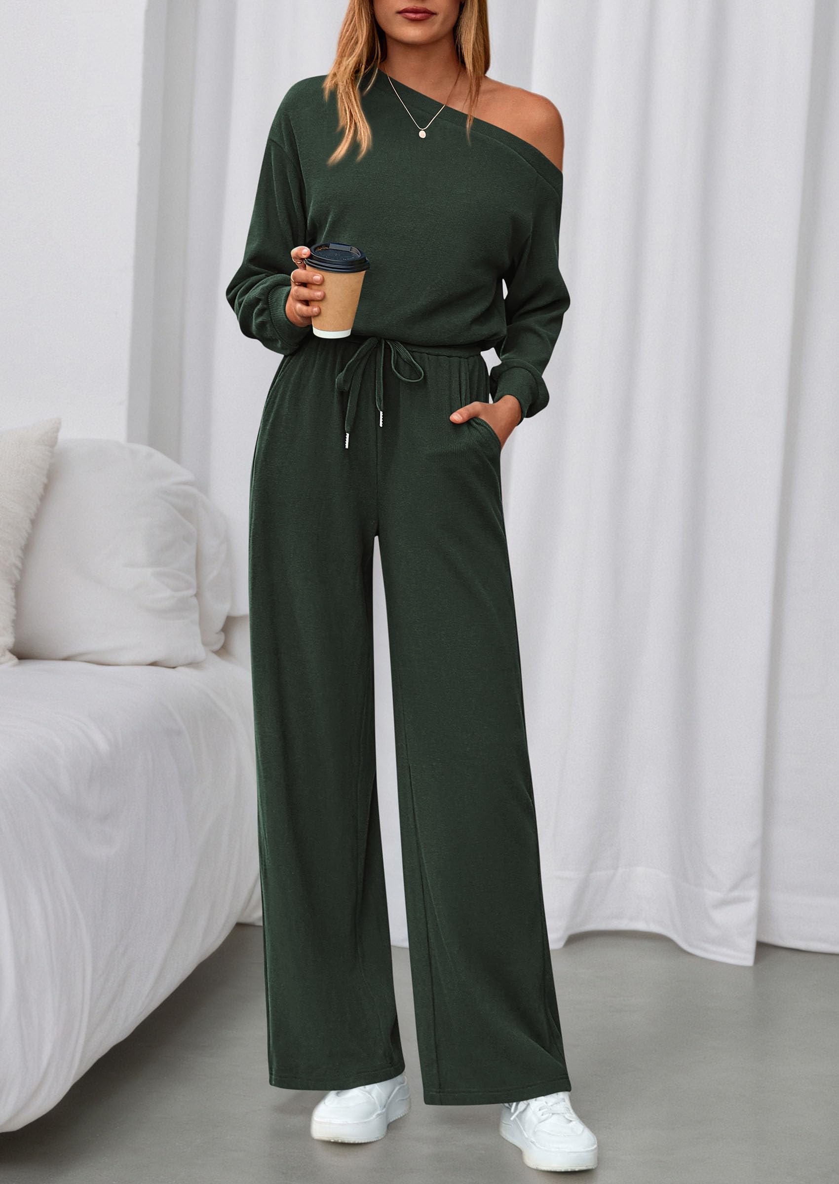 Womens Off Shoulder Long Sleeve Jumpsuit,Dark Army Green,S