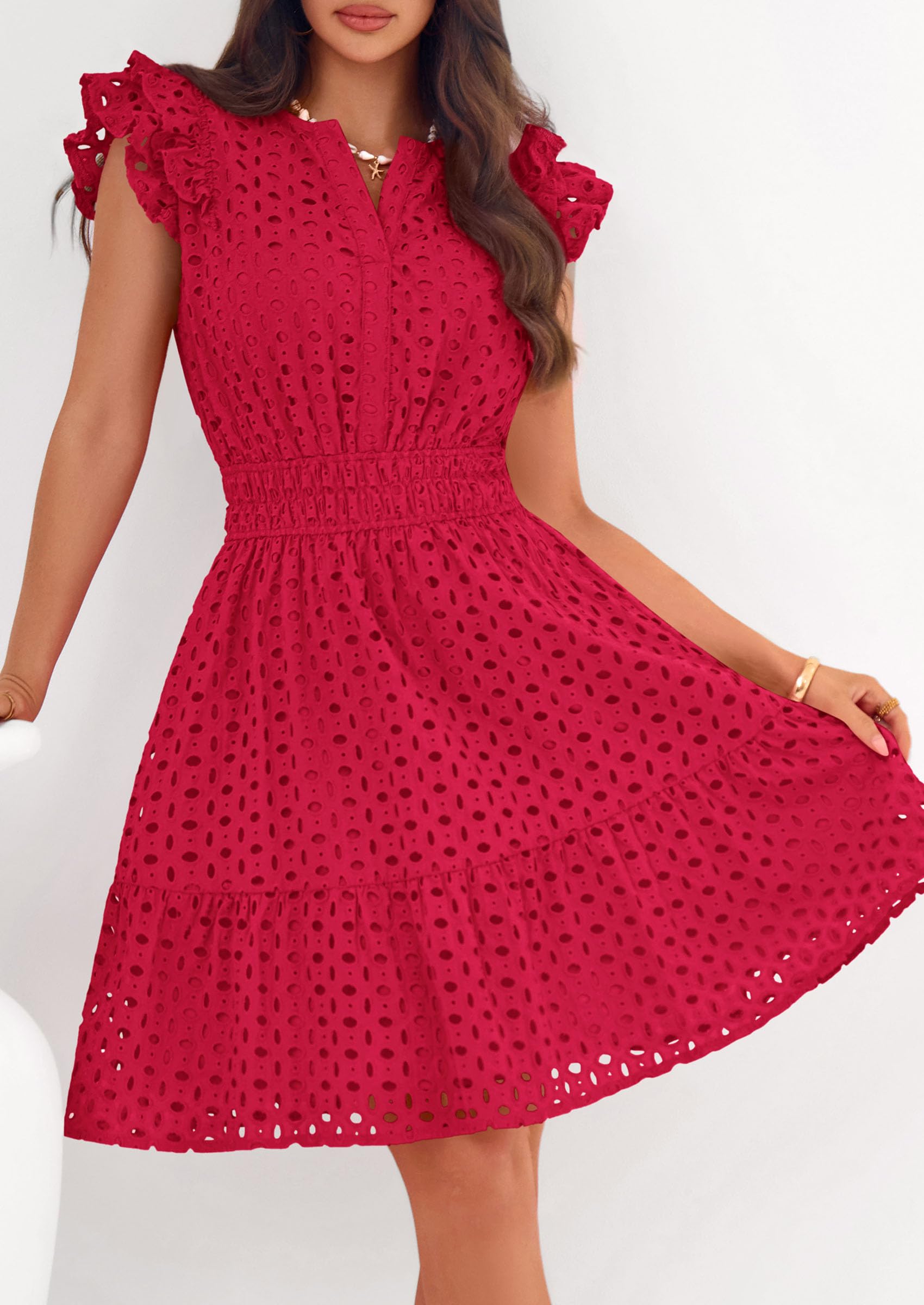 Women's Summer V Neck Eyelet Short Dress (Red,Small)