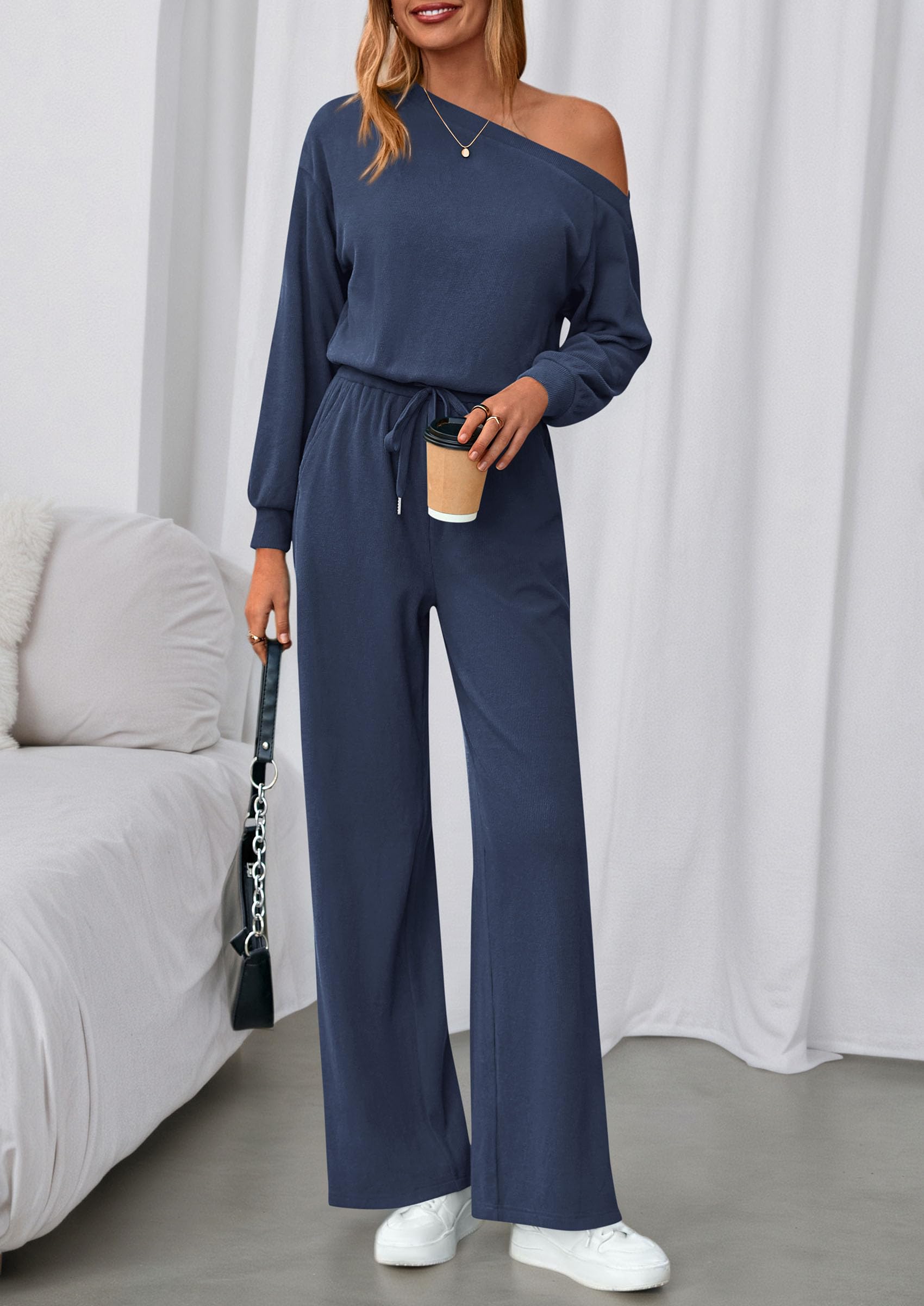 Womens Off Shoulder Long Sleeve Jumpsuit,Navy,M
