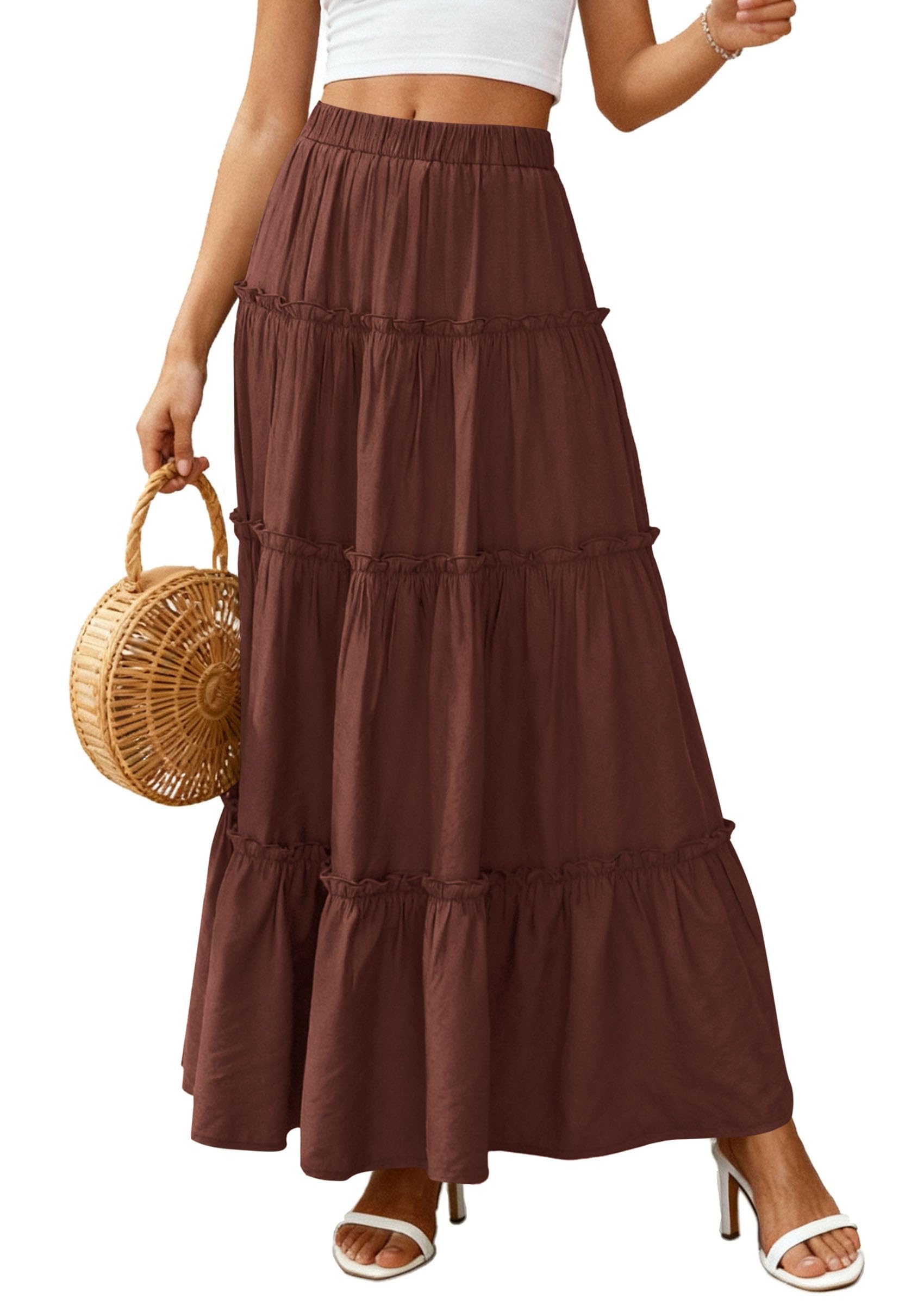 Women's Boho Tiered Ruffle Flowy Maxi Skirt, Brown,S
