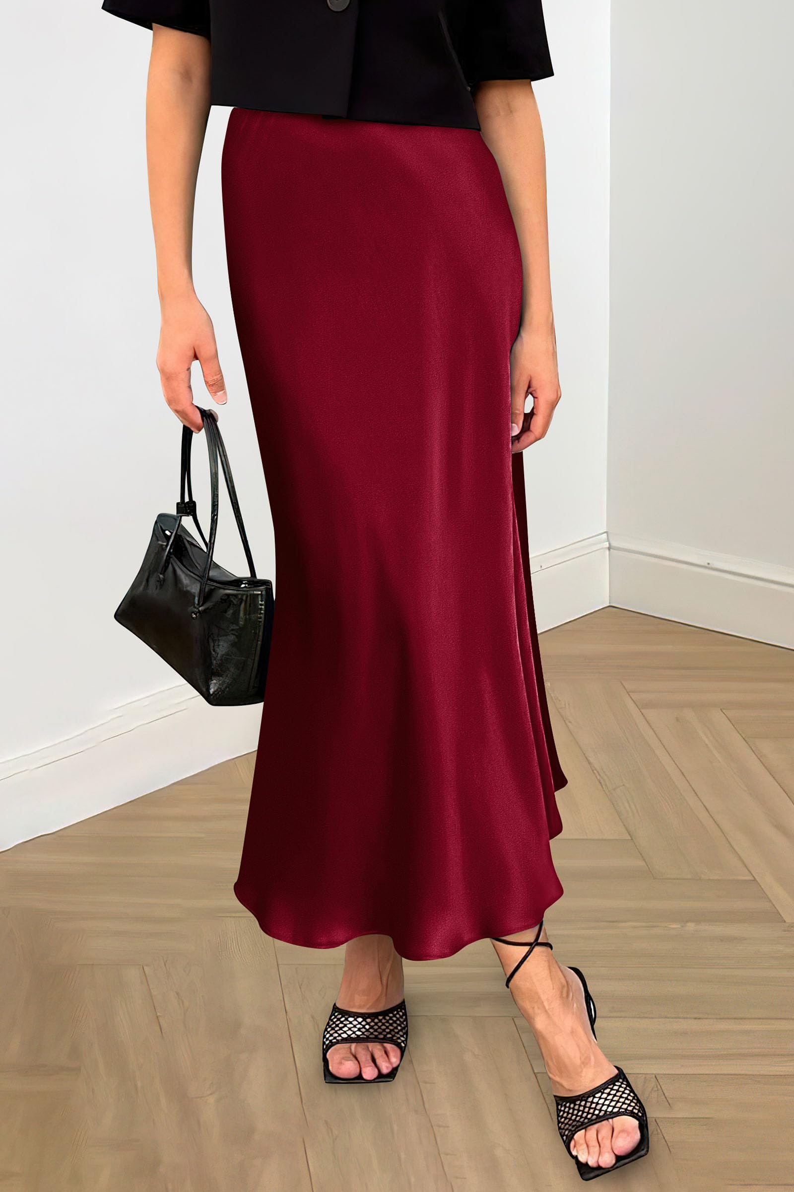 Women's Satin Midi Skirts Dressy Casual,Wine Red,S