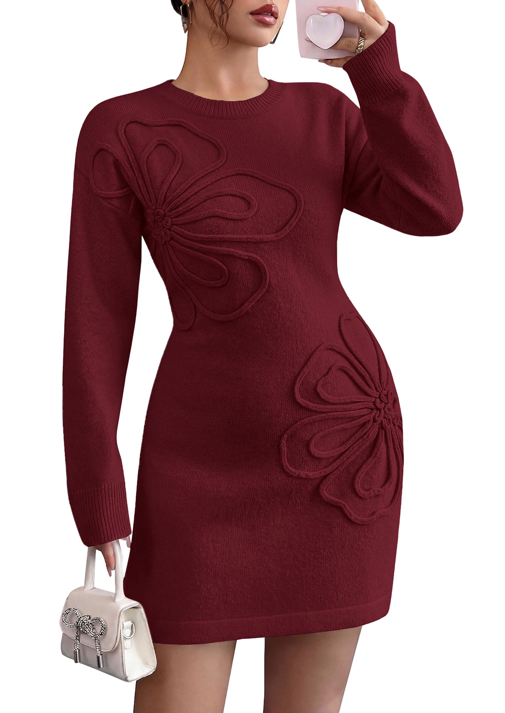 Women's Embroidered Long Sleeve Bodycon Mini Sweater Dress