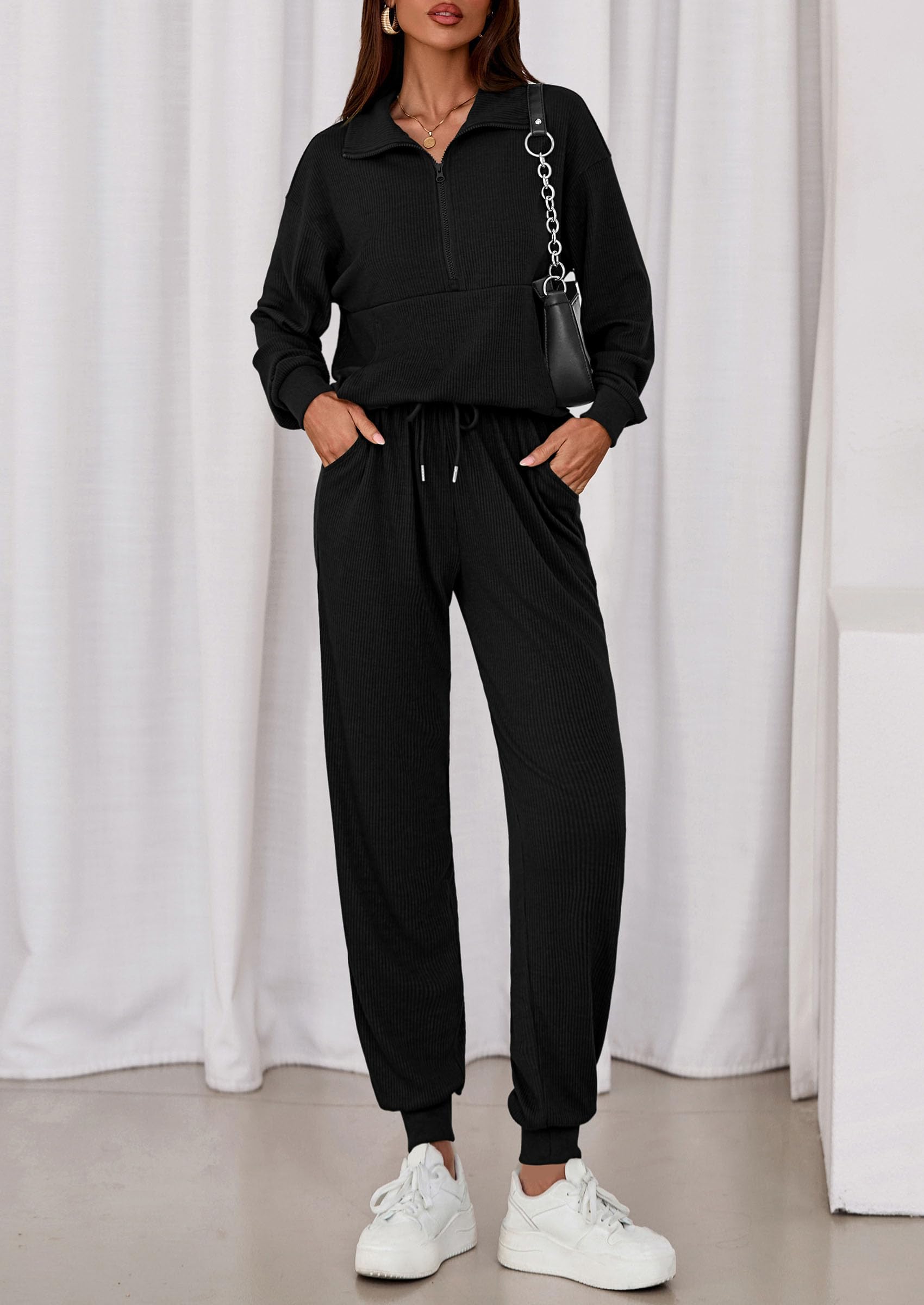 Airport Travel Outfit Women Ribbed Knit Matching Lounge Sets