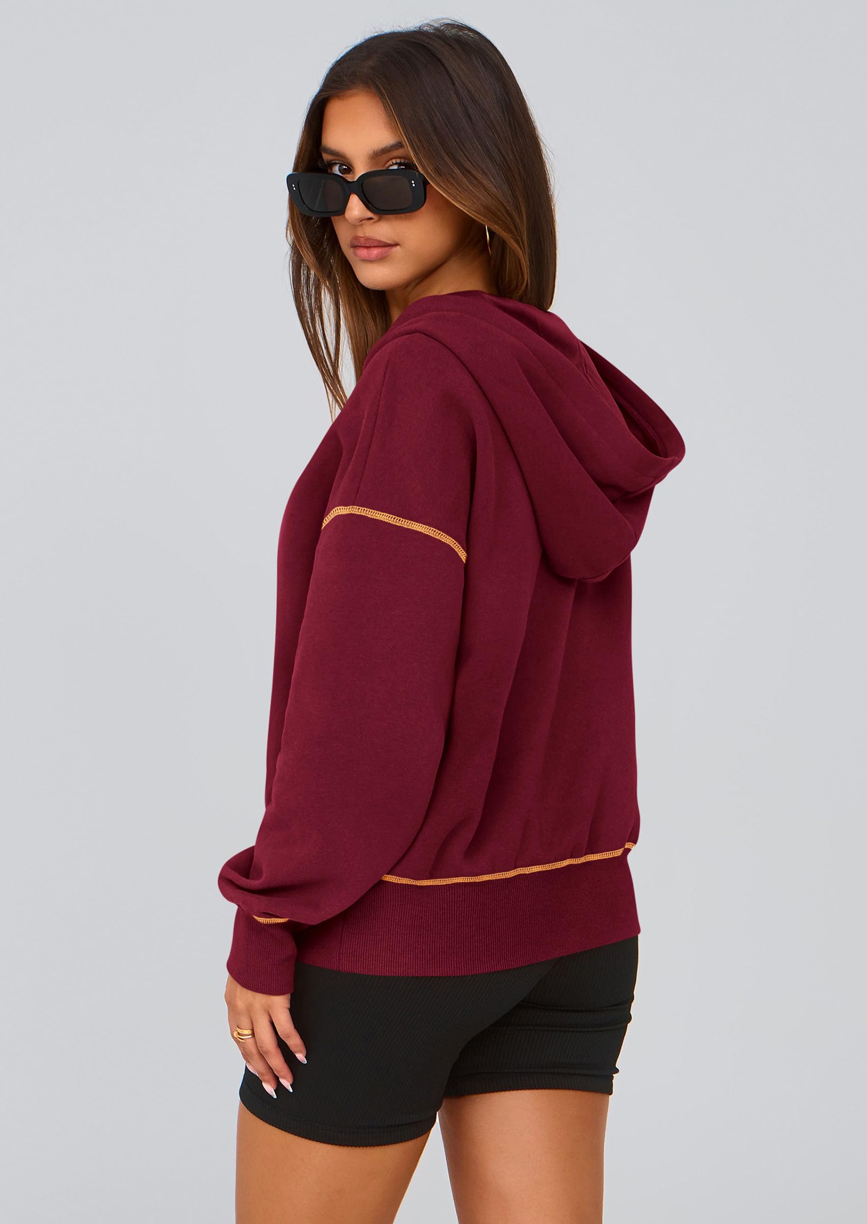 Women's Fall Half Zip Cropped Hoodie Sweatshirt Wine Red