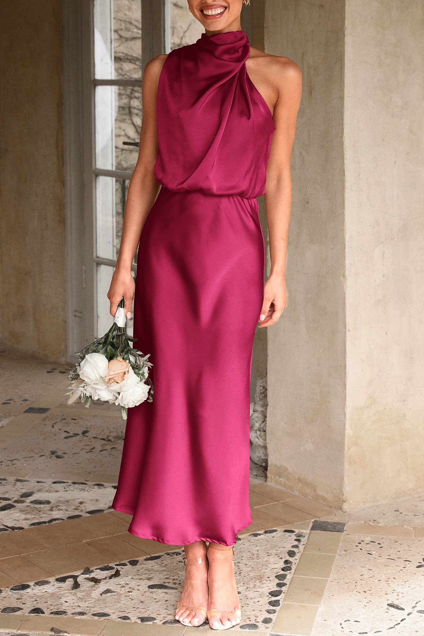 Women's Summer Satin Maxi Cocktail Dress Deep Red