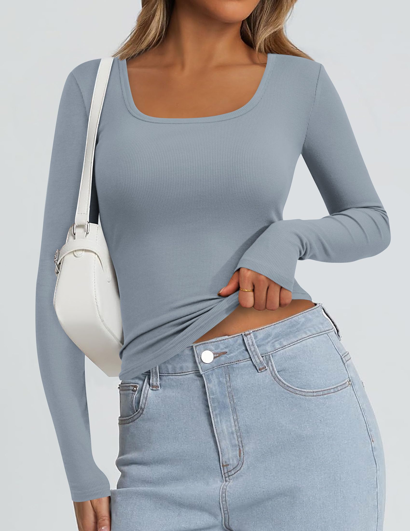 Square Neck Long Sleeve Shirts for Women Light Grey,XS