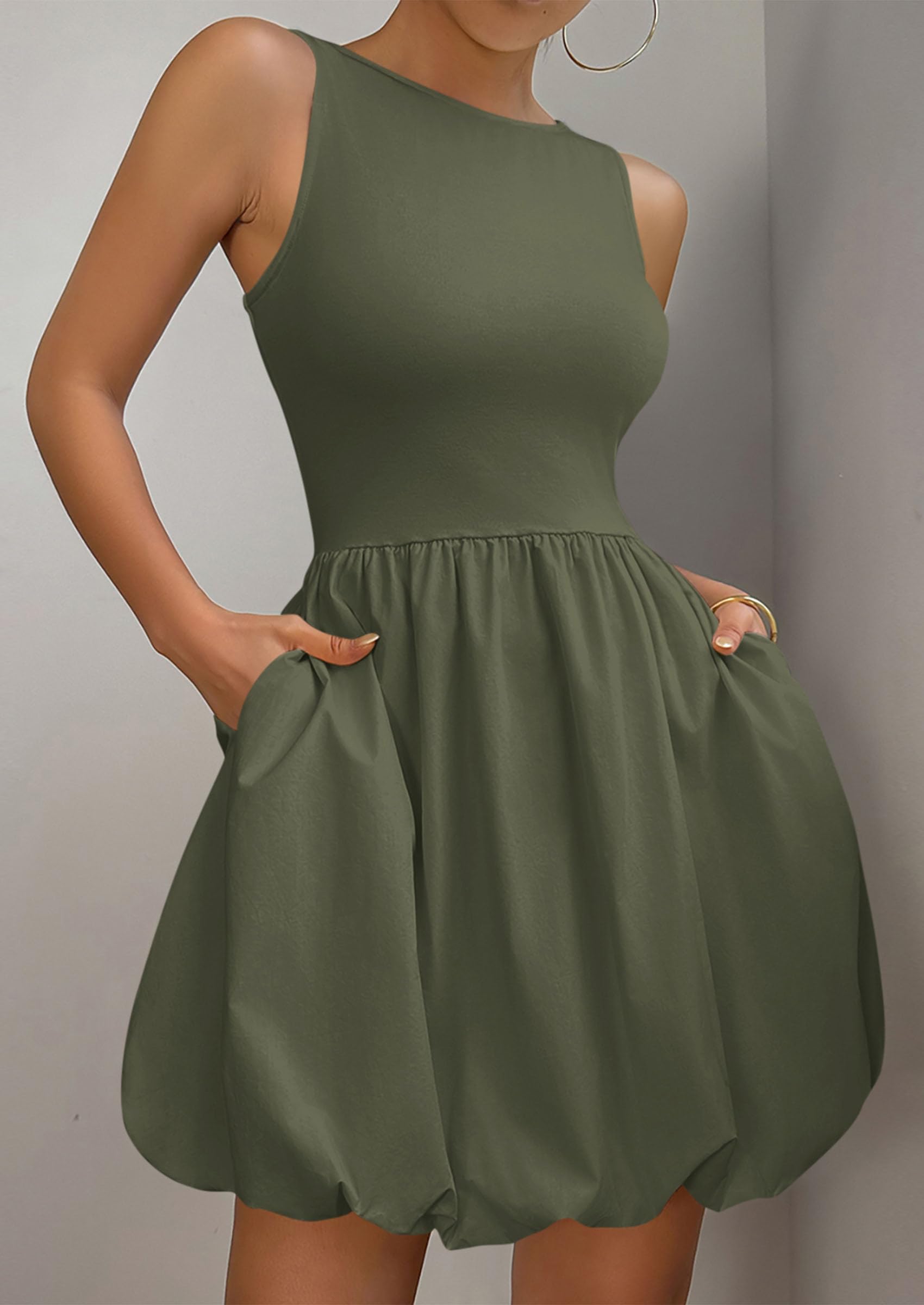Womens Summer Bubble Sleeveless Mini Dress,Army Green,S