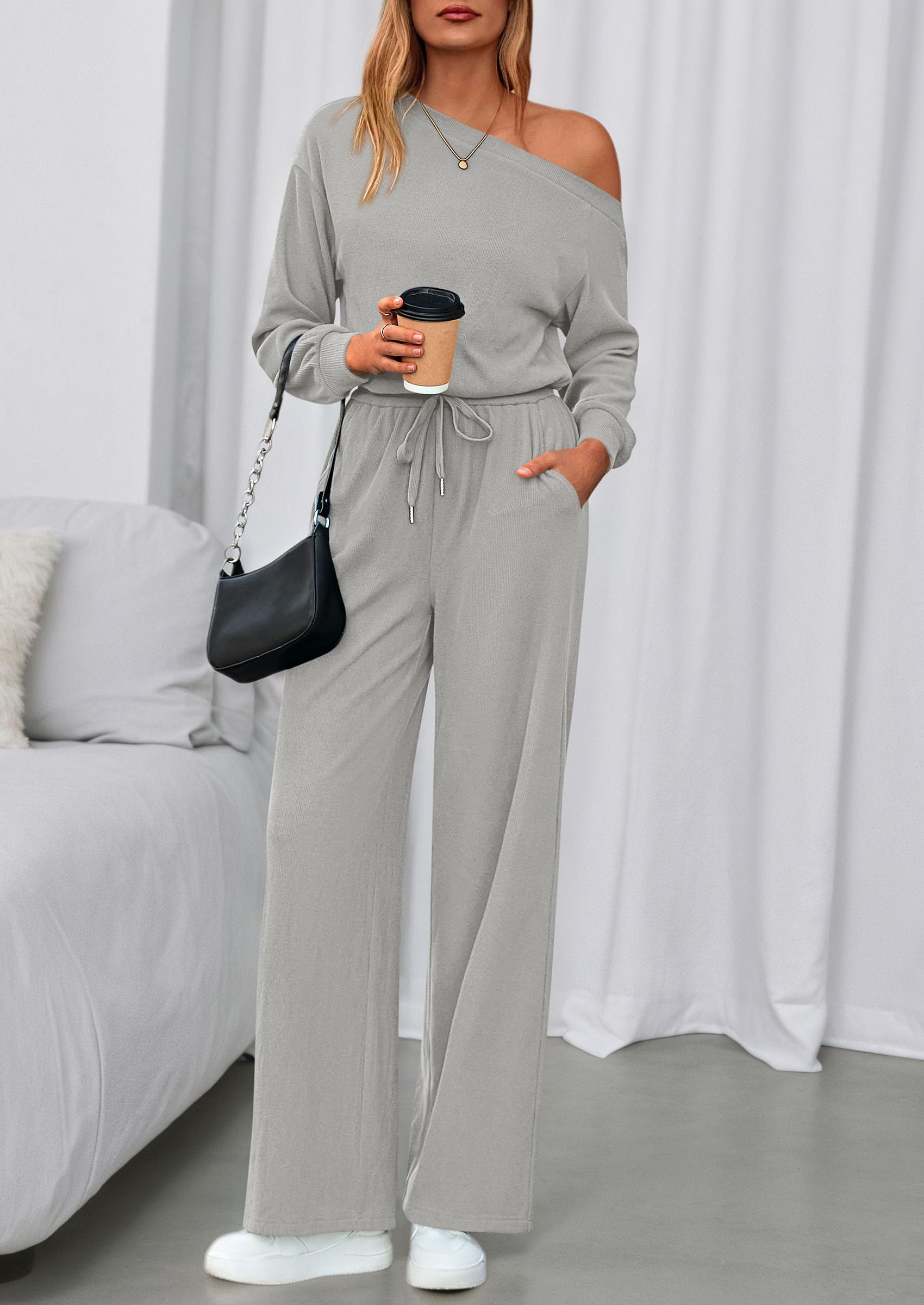 Womens Off Shoulder Long Sleeve Jumpsuit,Grey,S