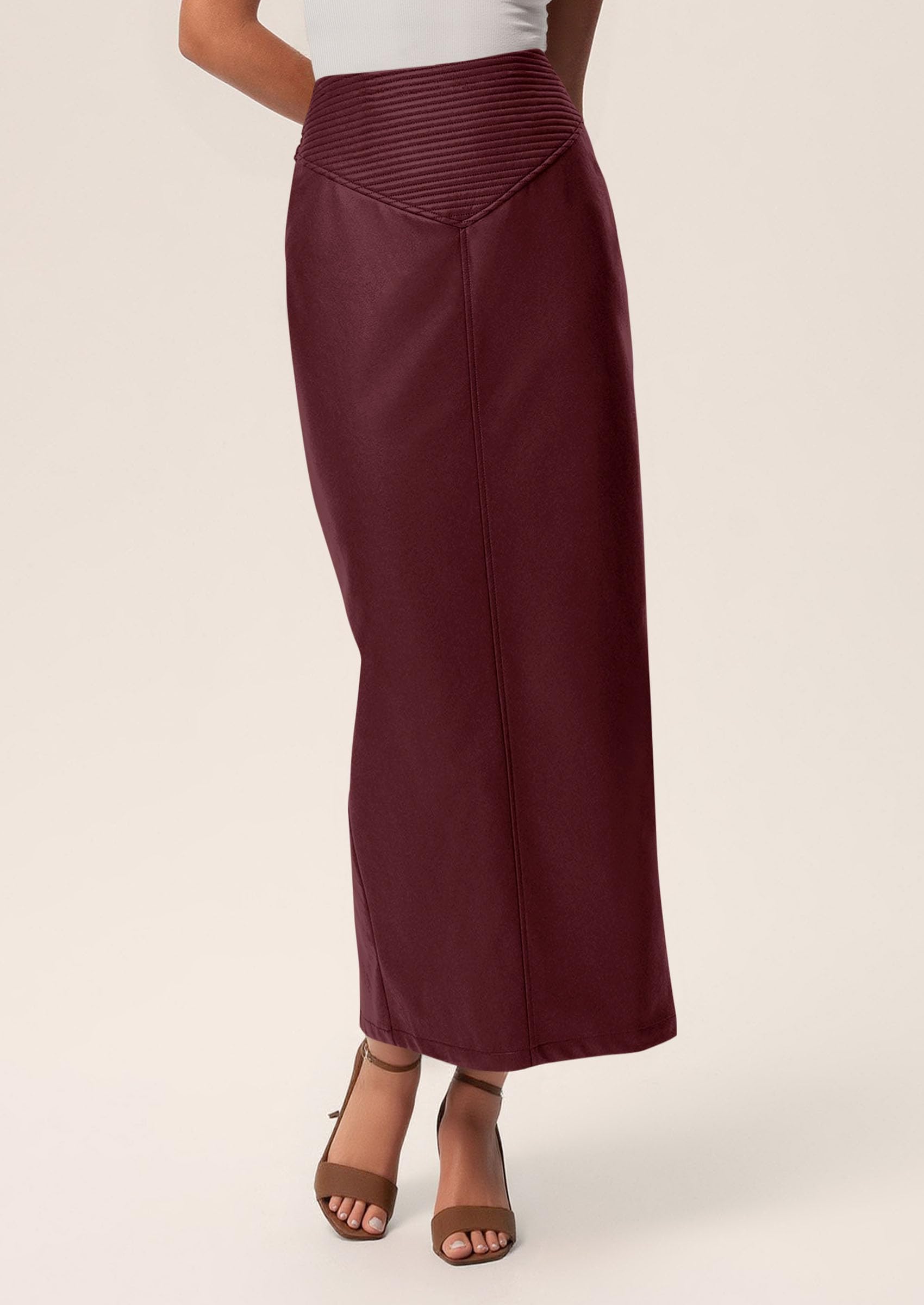 Women's Faux Leather High Waisted Maxi Skirts,Burgundy,XS