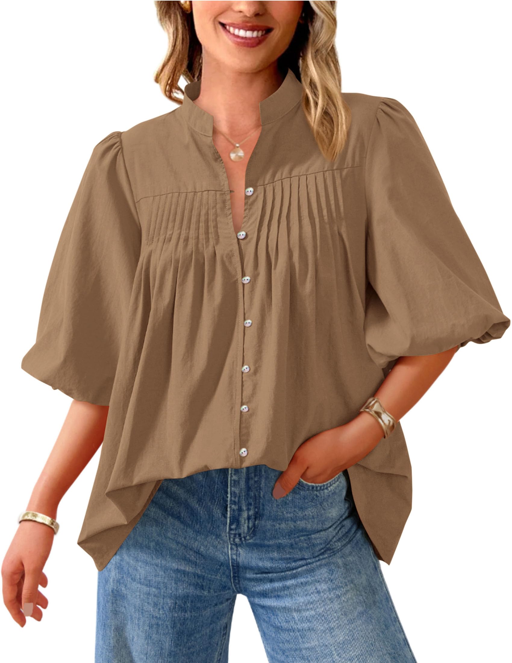 Short Sleeve Henley Shirts for Women,Light Khaki,S