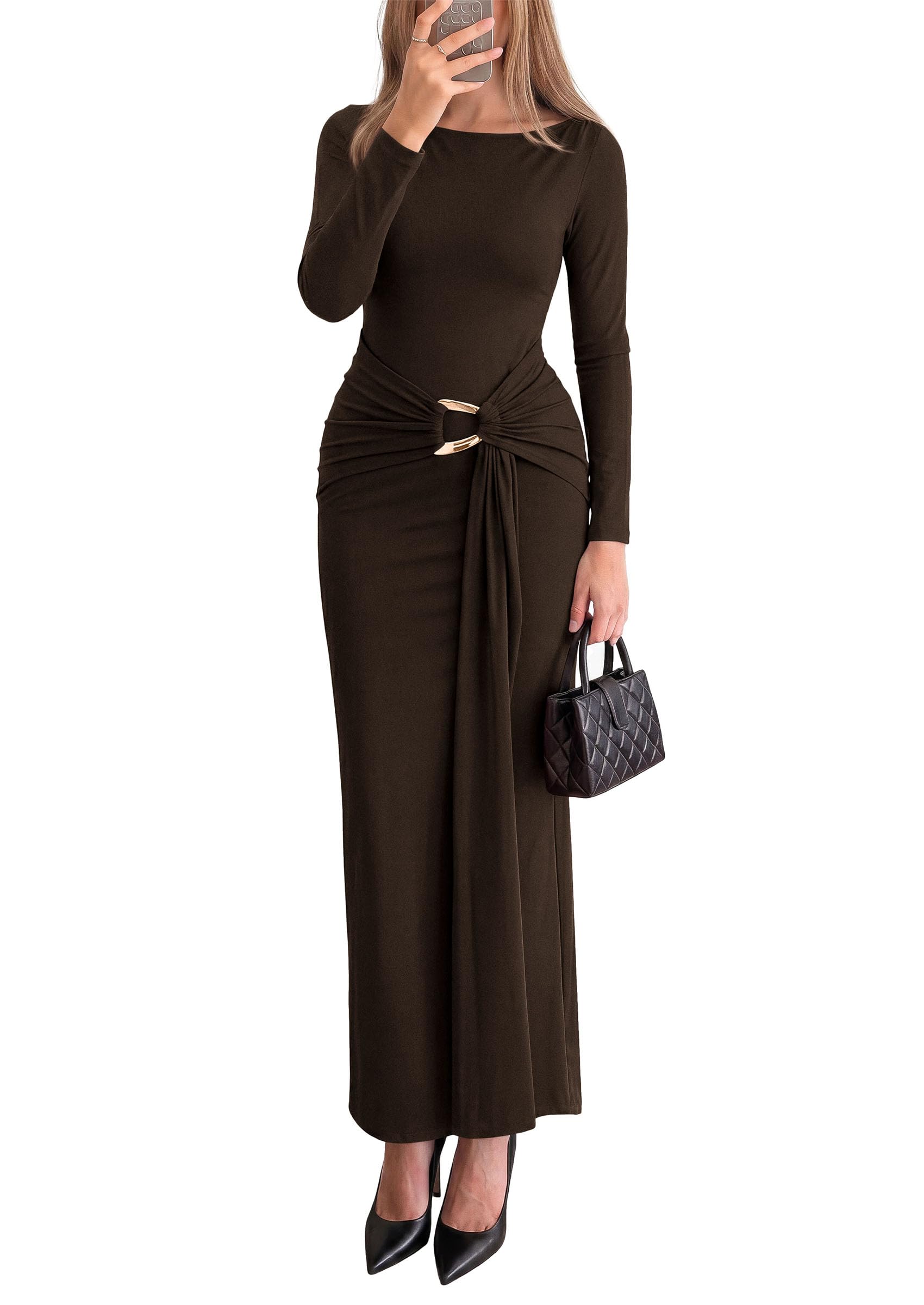 Women Fall Wedding Guest Dresses Formal Long Sleeve Maxi Dress