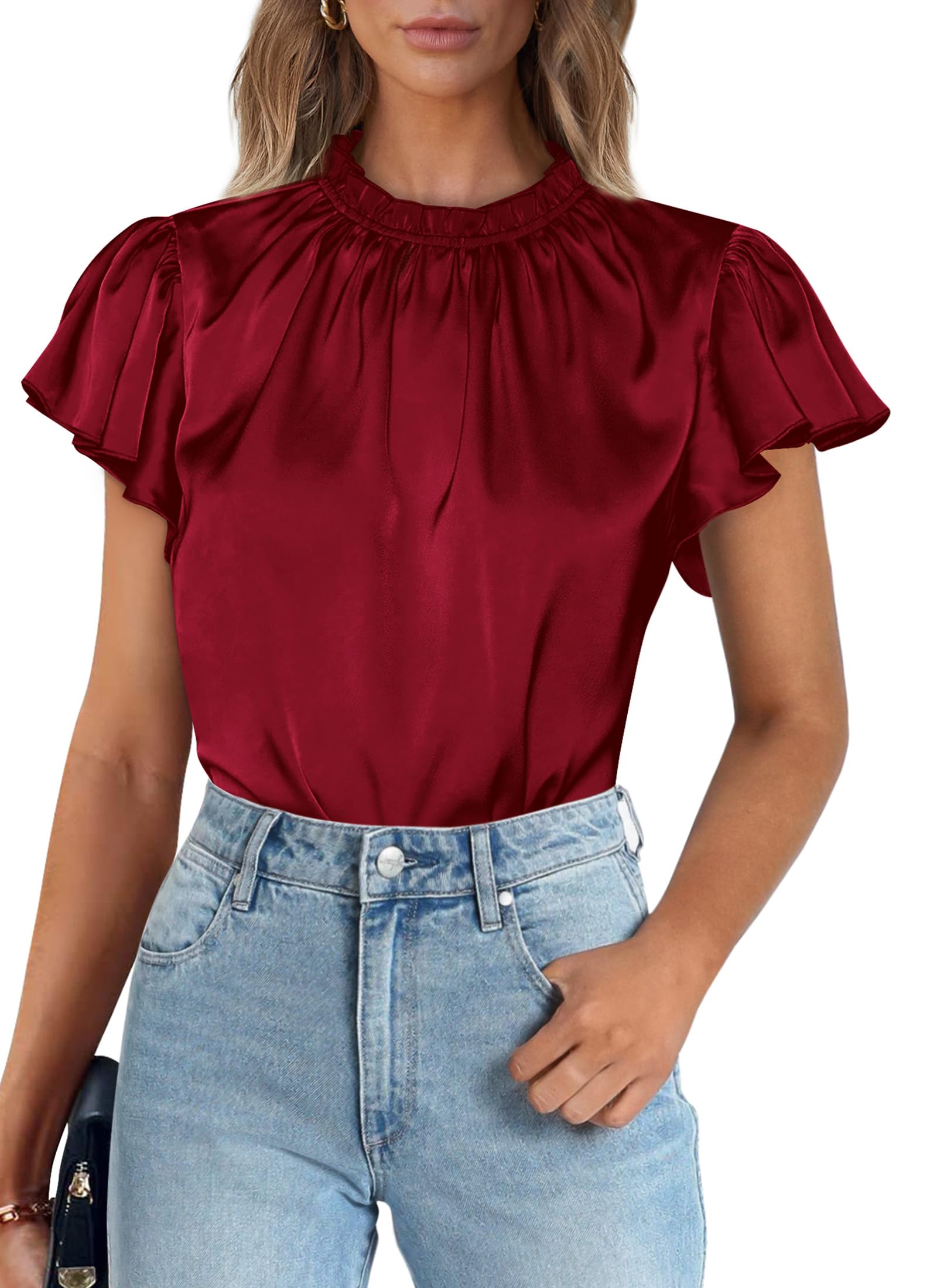 Women's Satin Tops Business Casual Work Blouses, Wine Red,S