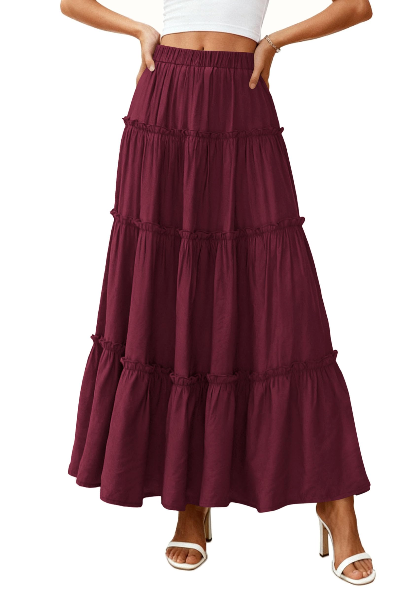 Women's Boho Tiered Ruffle Flowy Maxi Skirt, Burgundy,S