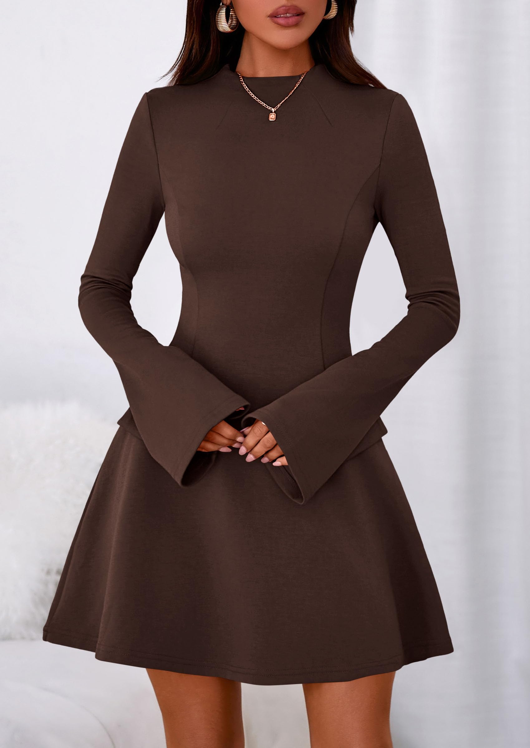 Women's Fall Bell Sleeve Short Dress,Brown,XS
