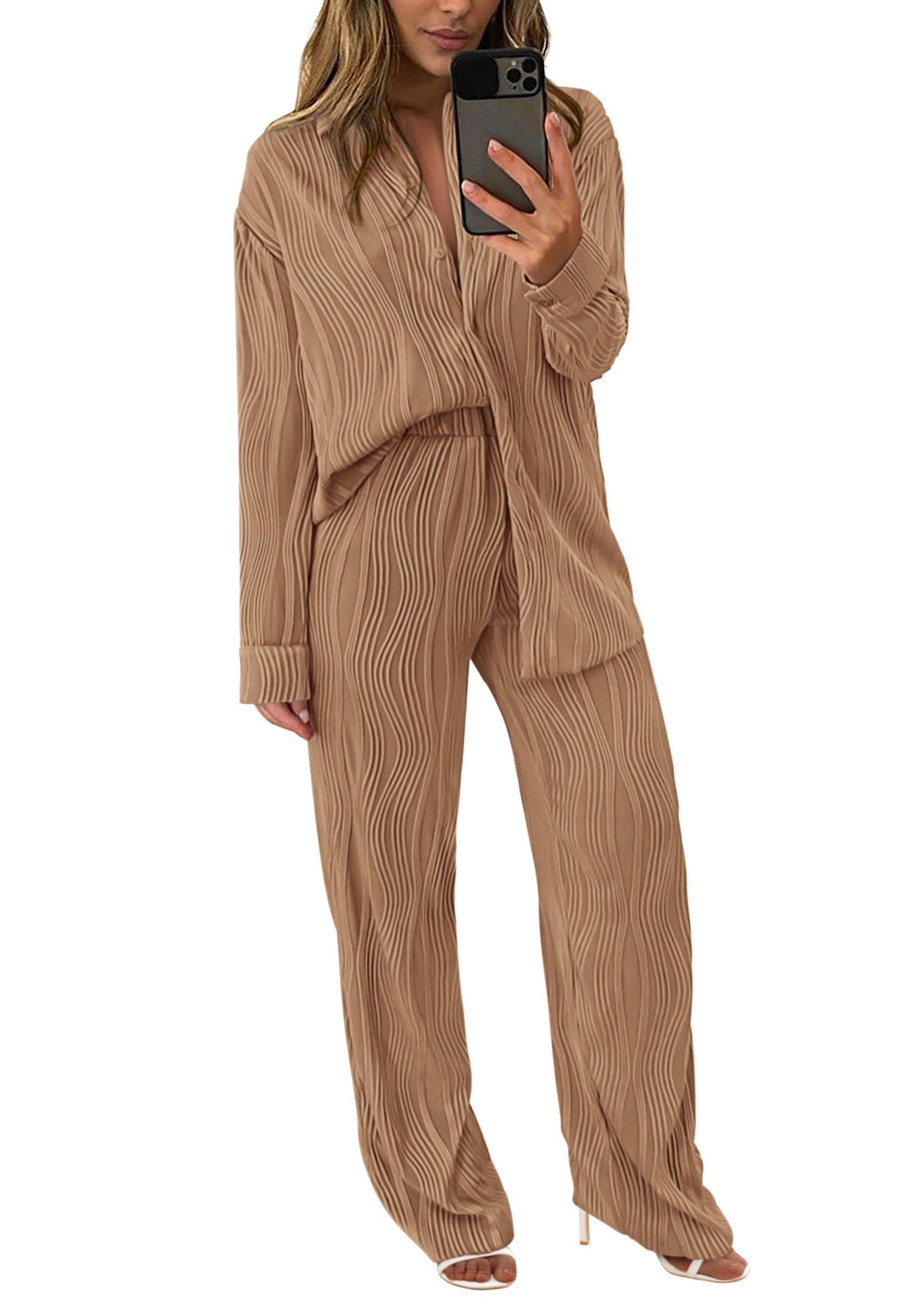 Womens 2 Piece Sets Button Down Lounge Tracksuit,Khaki,S