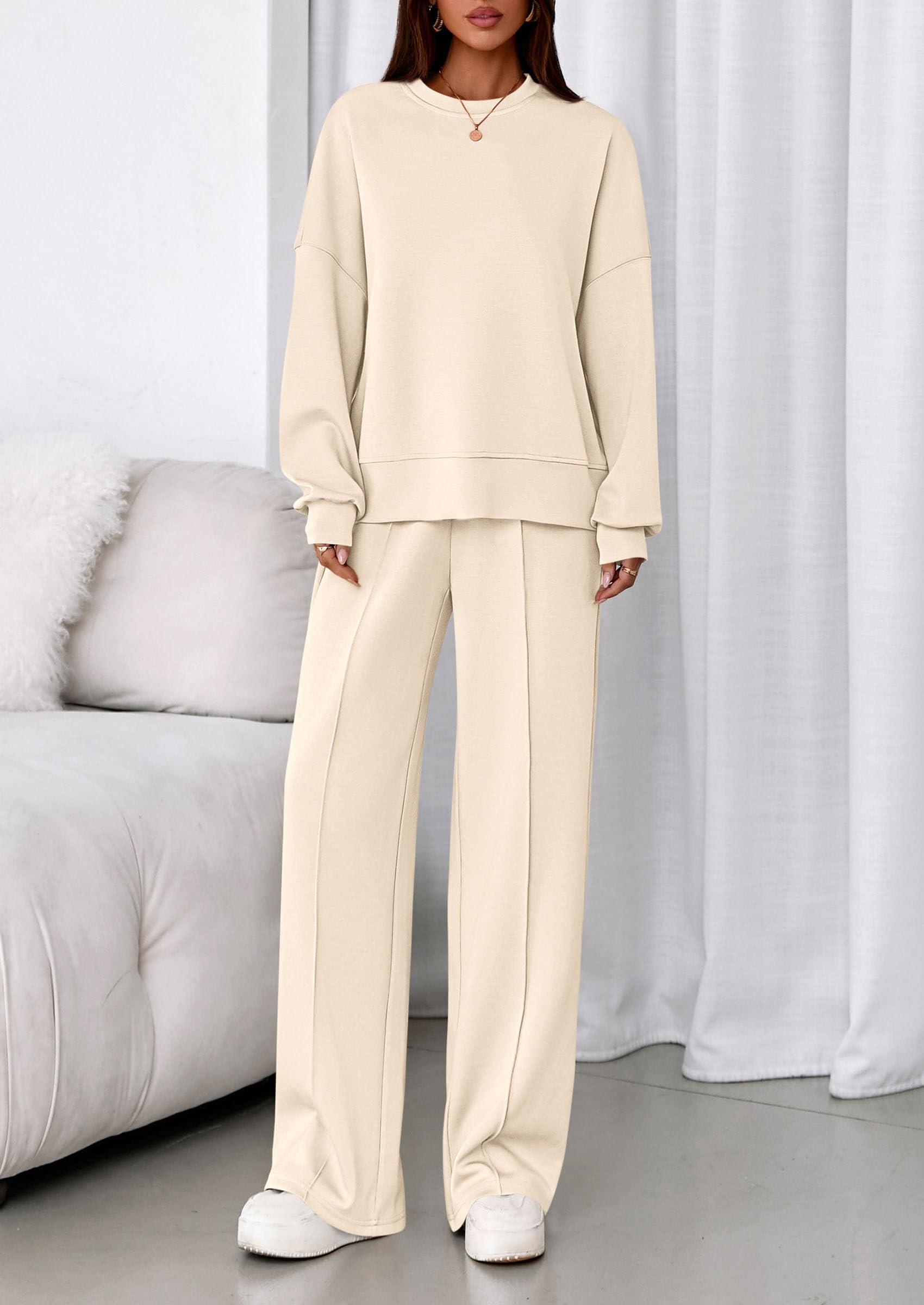 Womens Long Sleeve Sweatshirt 2 Piece Sets,Beige,S