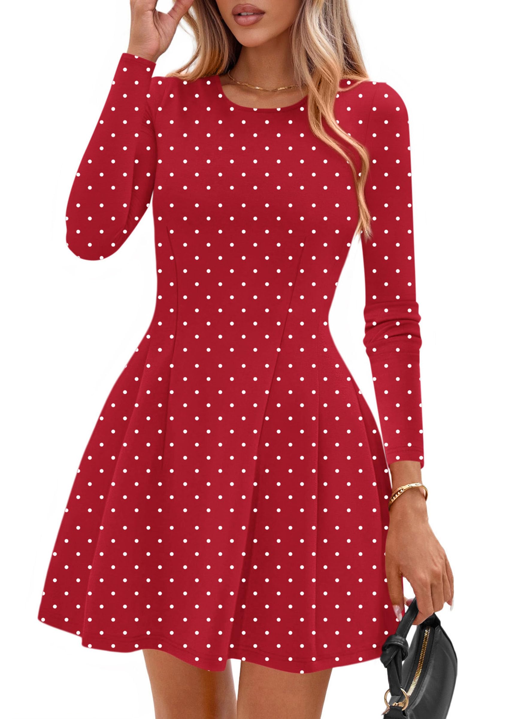 Womens Long Sleeve Pleated Mini Dress,Dot Red White,XS
