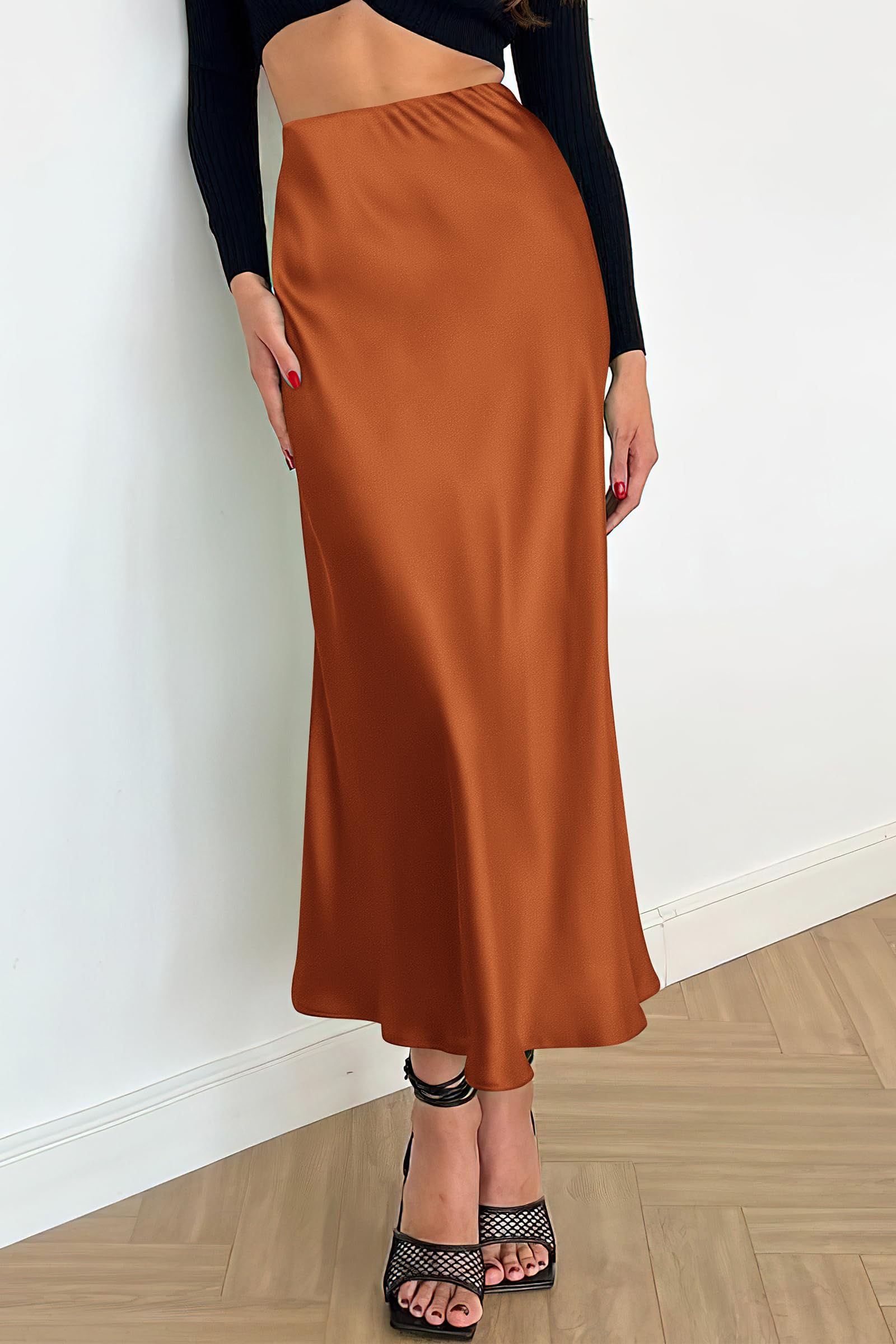 Women's Satin Midi Skirts Dressy Casual,Rust Red,S