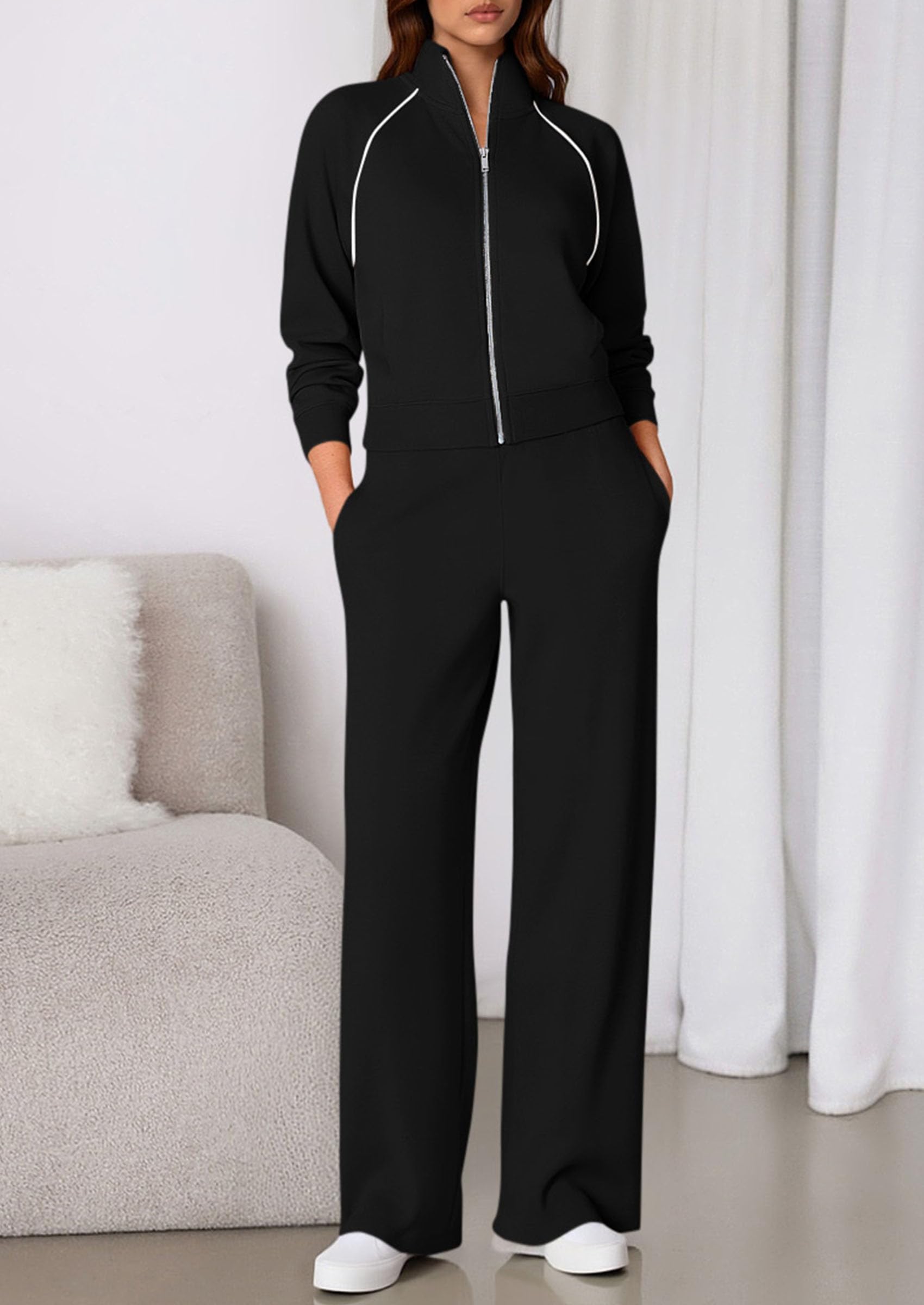 Women's 2 Piece Outfits Sweatsuits Lounge Sets,Black,S