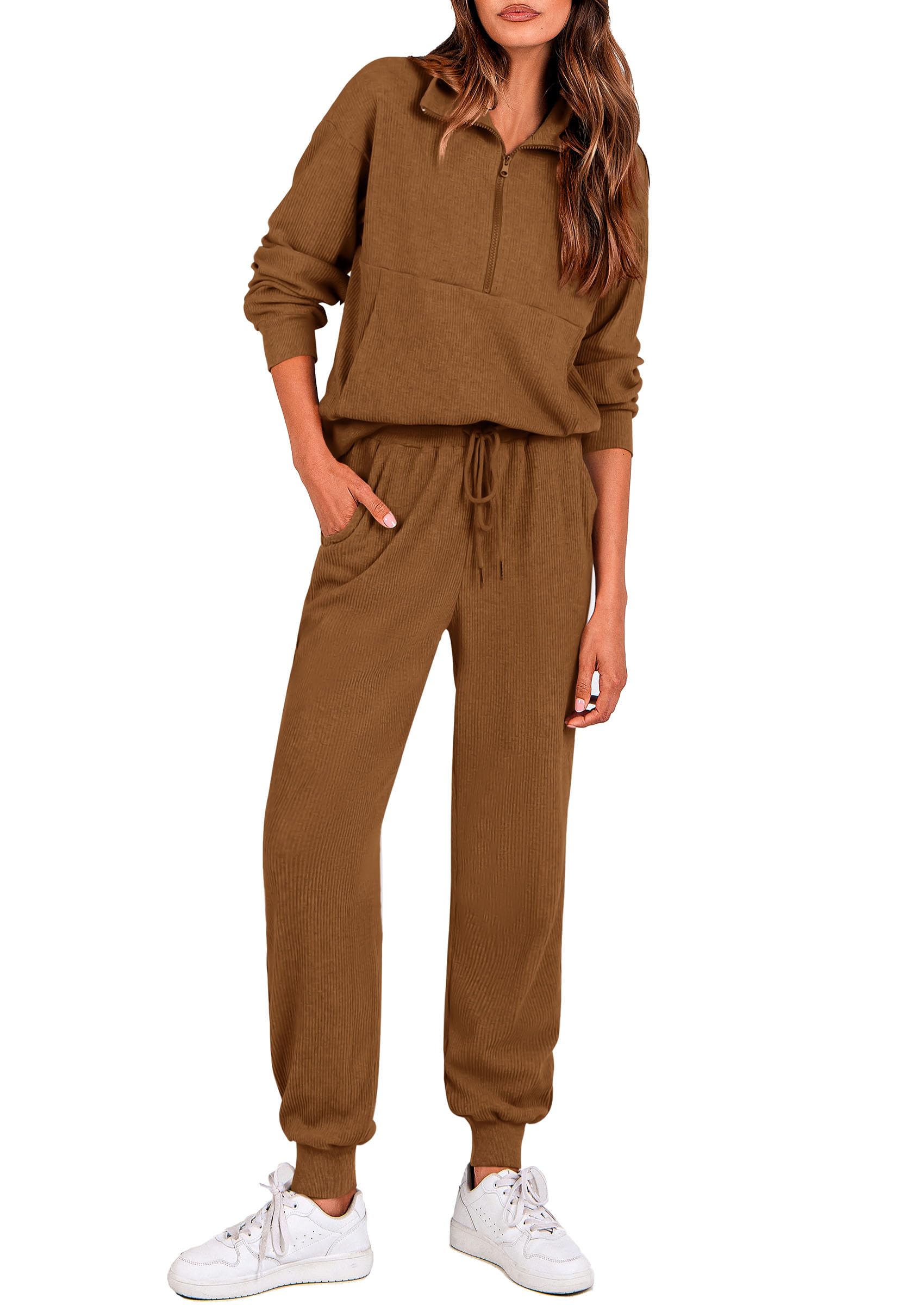 Airport Travel Outfit Women Ribbed Knit Matching Lounge Sets
