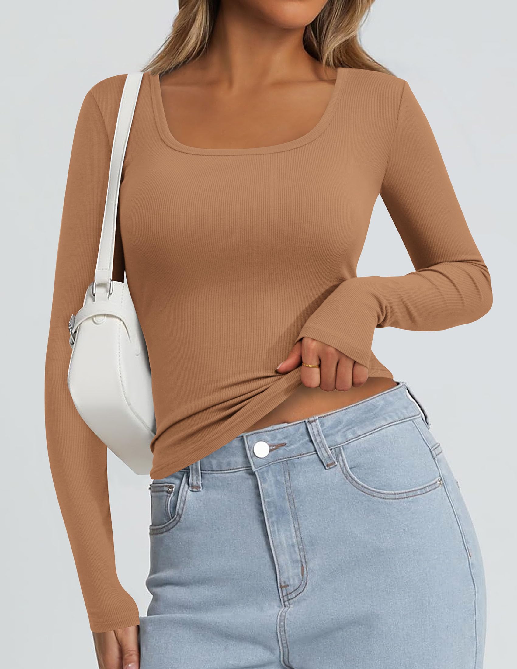 Square Neck Long Sleeve Shirts for Women Light Camel,XS