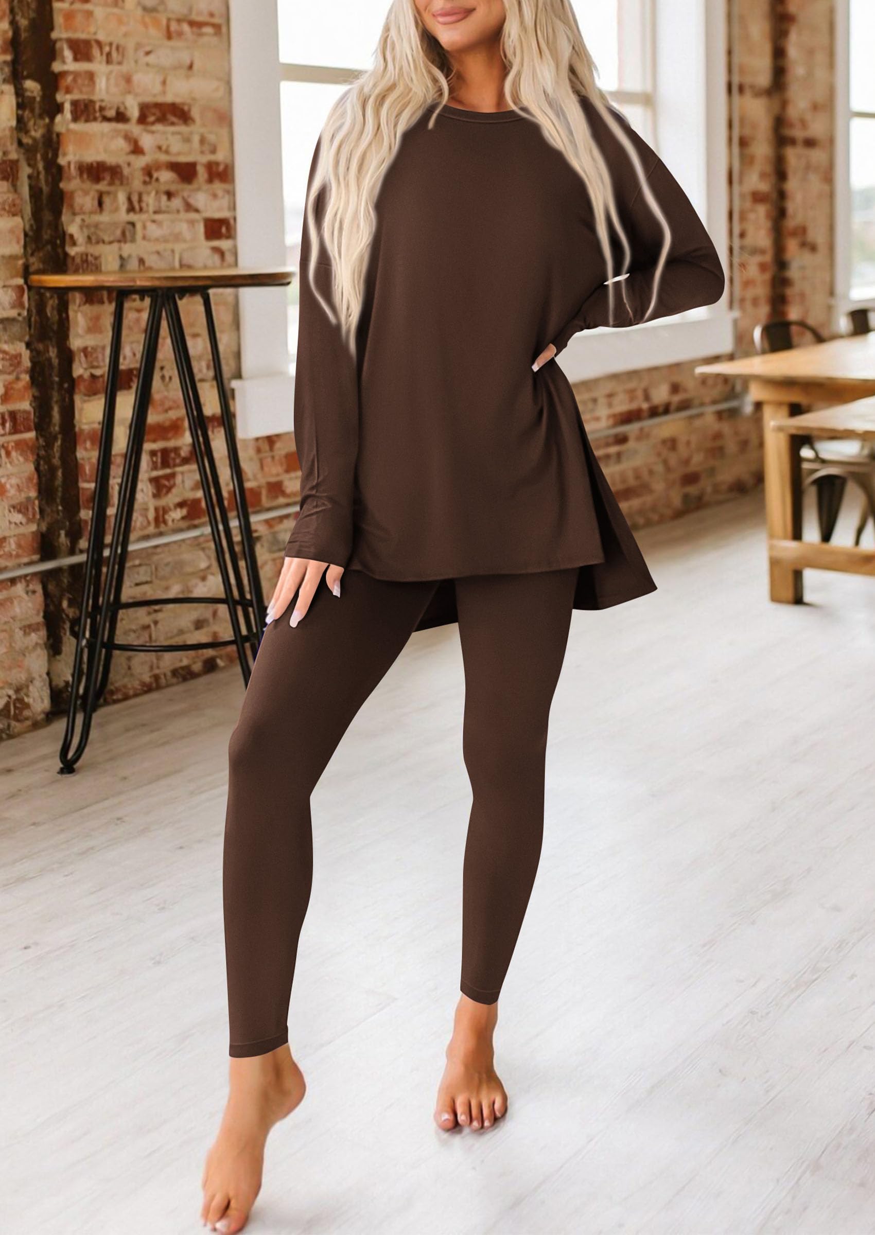 Women's 2 Piece Outfits Matching Lounge Sets,Coffee,S