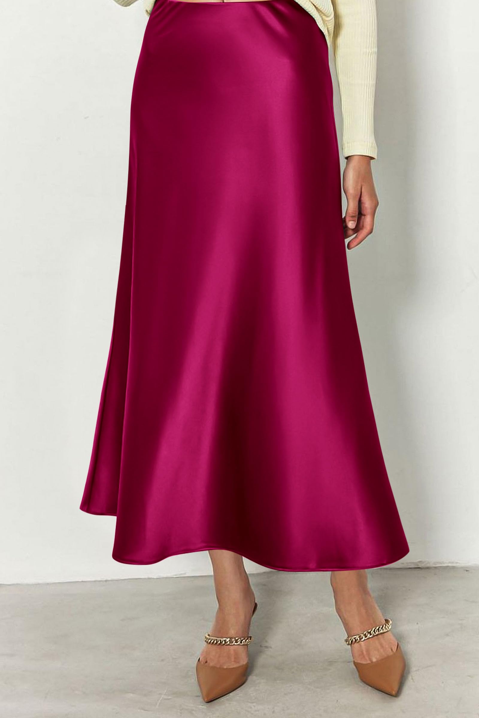 Women's Satin Midi Skirts Dressy Casual,Rose Red,S