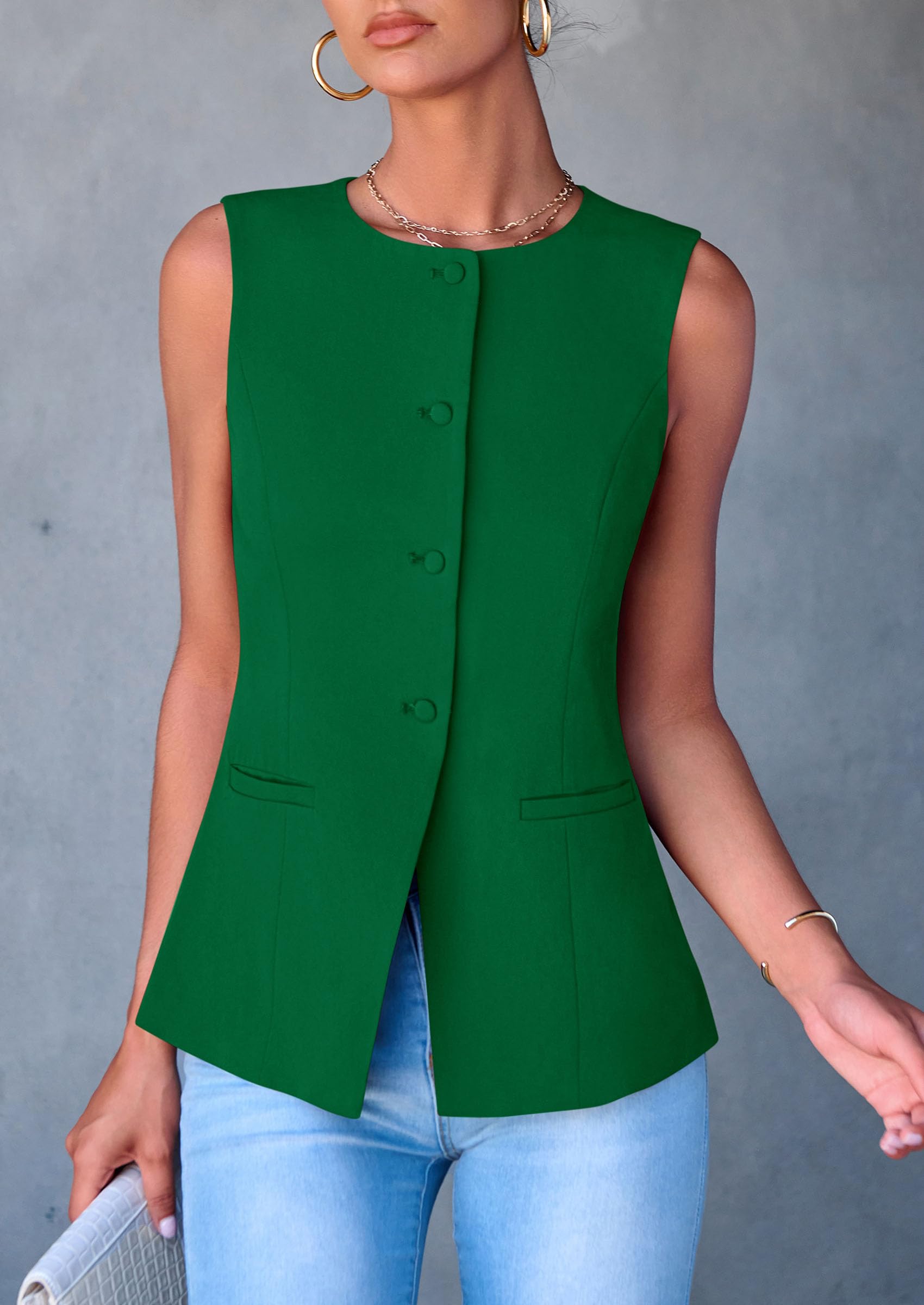 Women Tailored Suit Vest Business Casual Tops, Green,S
