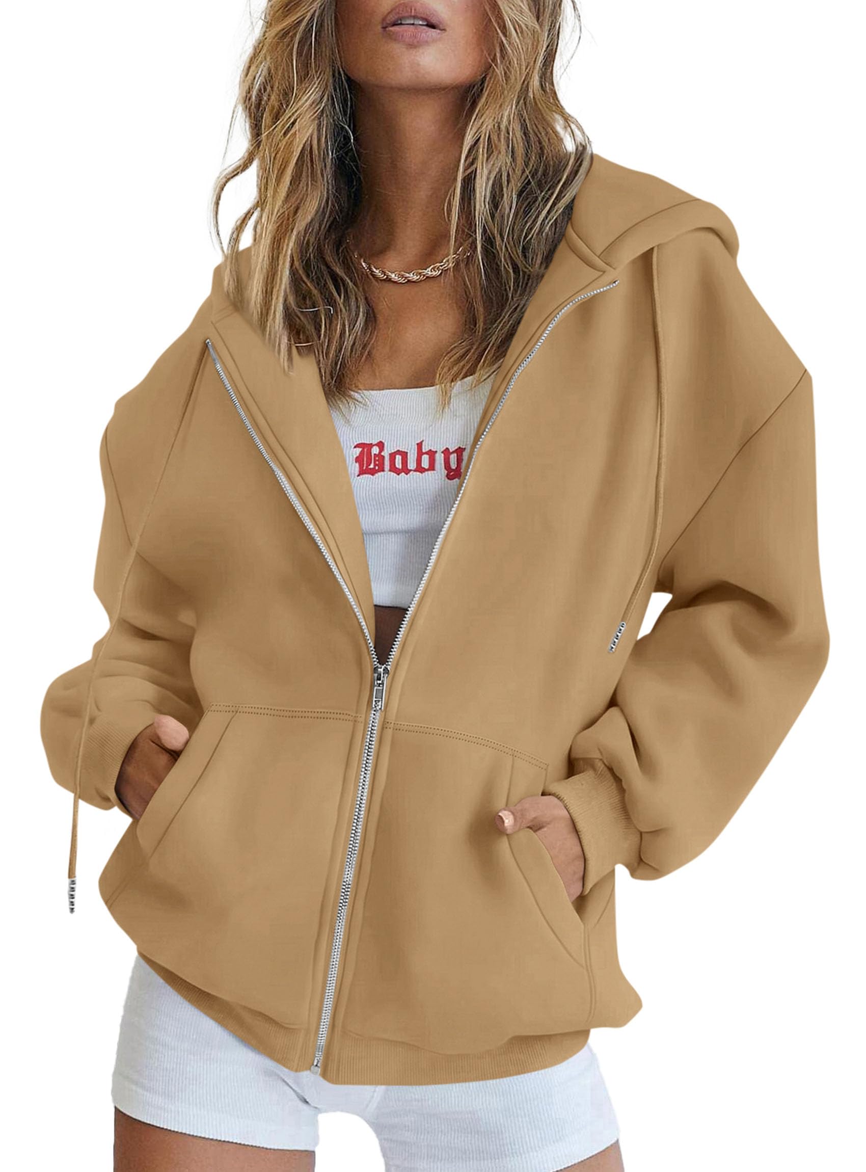 Women's Fall Zip Up Hoodies Sweatshirts Khaki