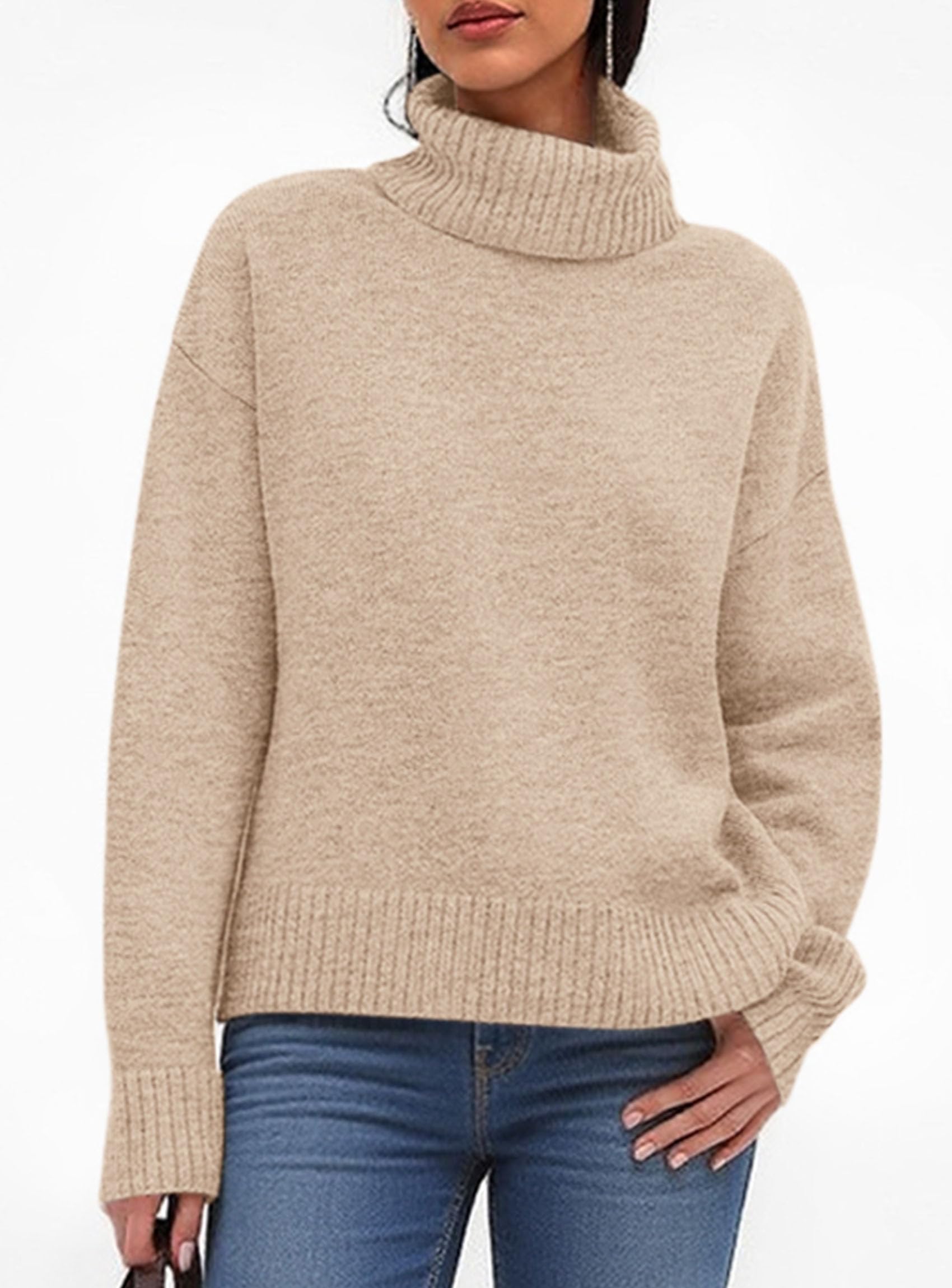 Womens Turtleneck Long Sleeve Knit Sweater,Khaki,M