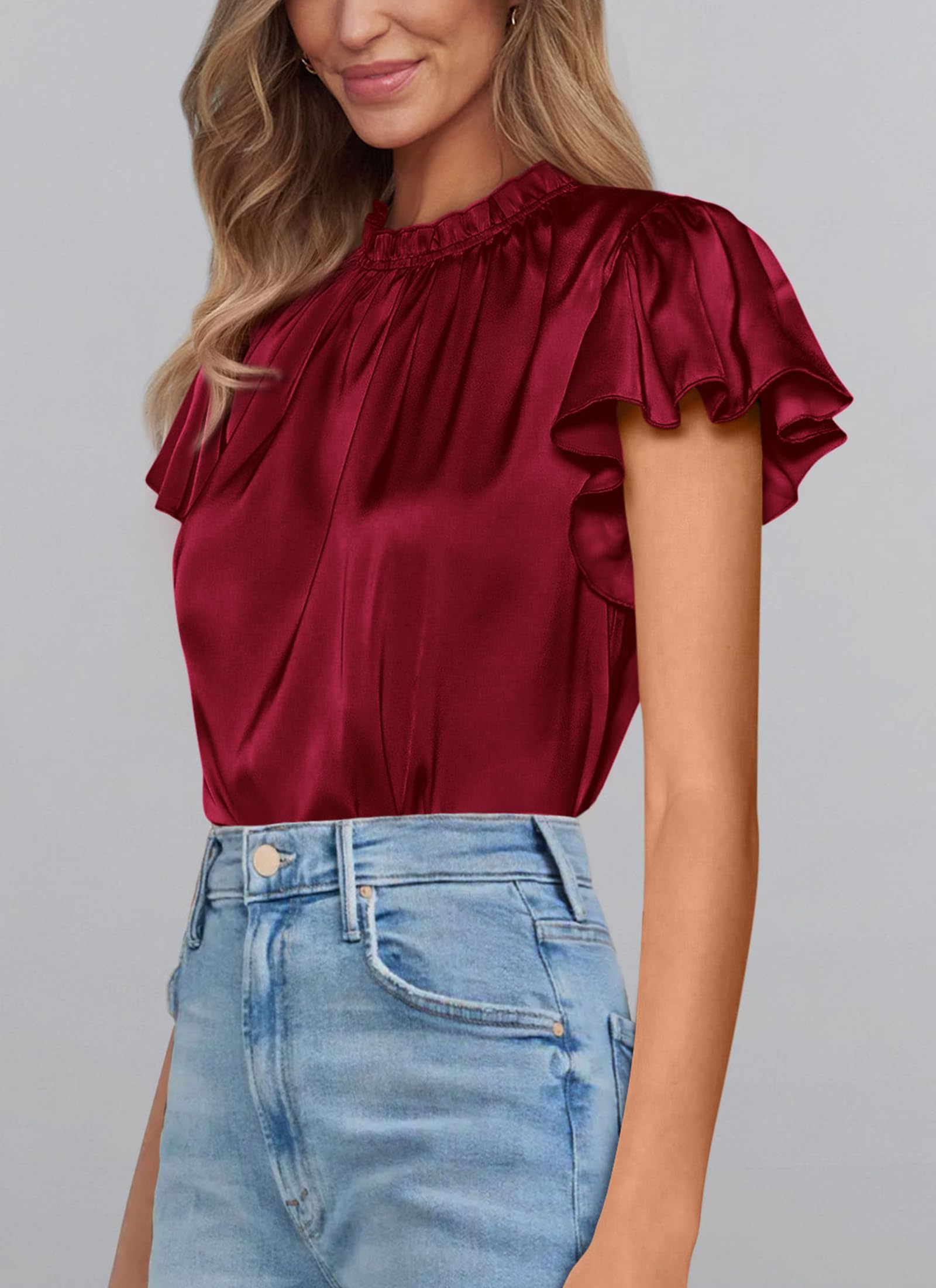 Women's Satin Tops Business Casual Work Blouses, Wine Red,S