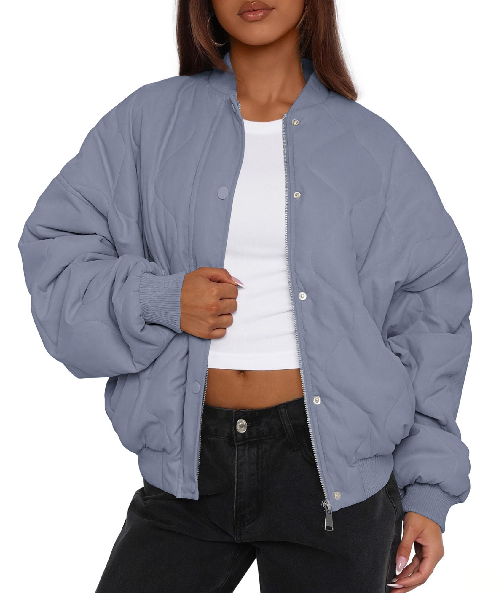 Women's Quilted Bomber Jacket Fall Fashion 2026 Lightweight Cropped Zip up Outerwear Winter Puffer Coats Pockets (Dusty Blue,Small)