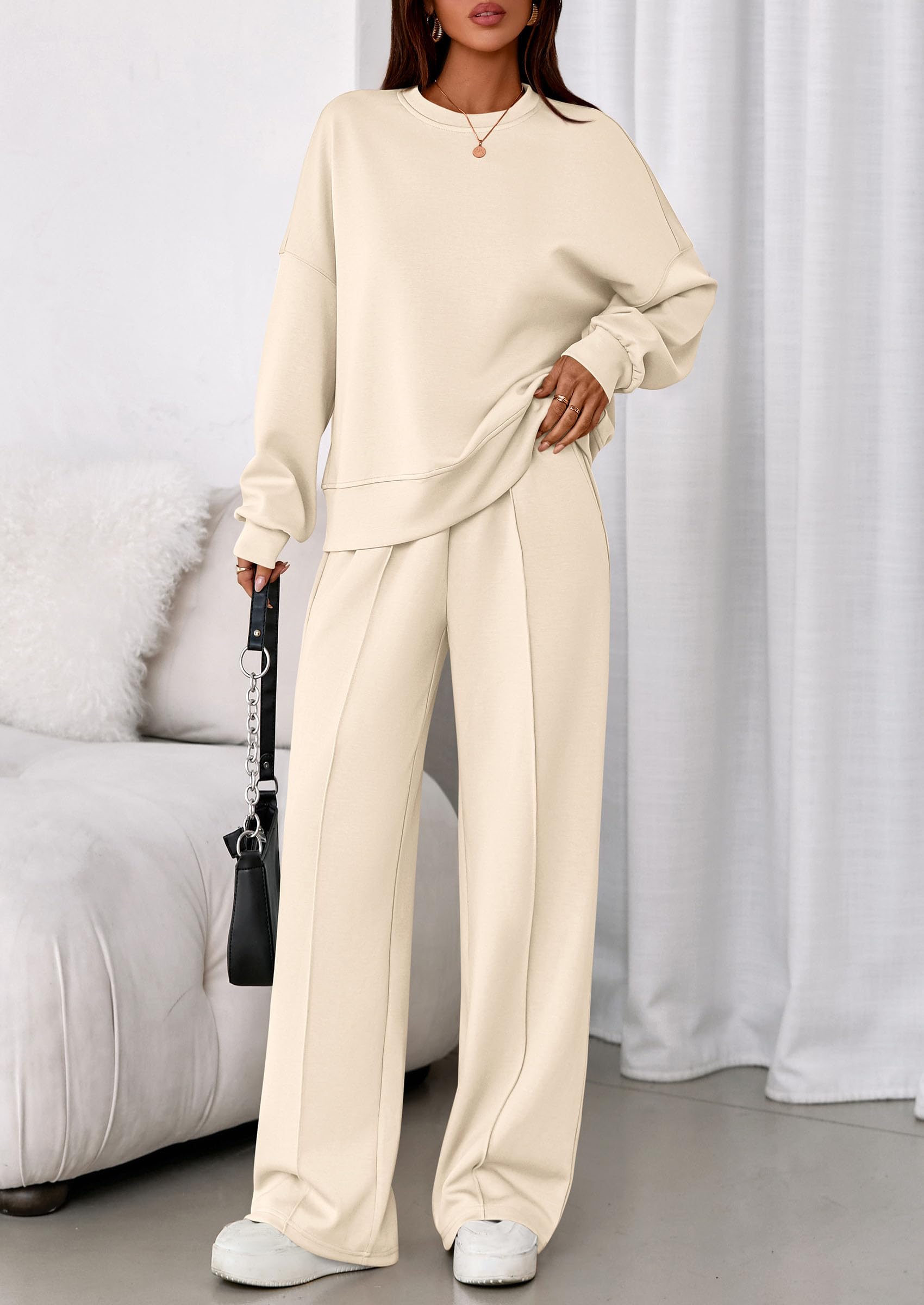 Womens Long Sleeve Sweatshirt 2 Piece Sets,Beige,S