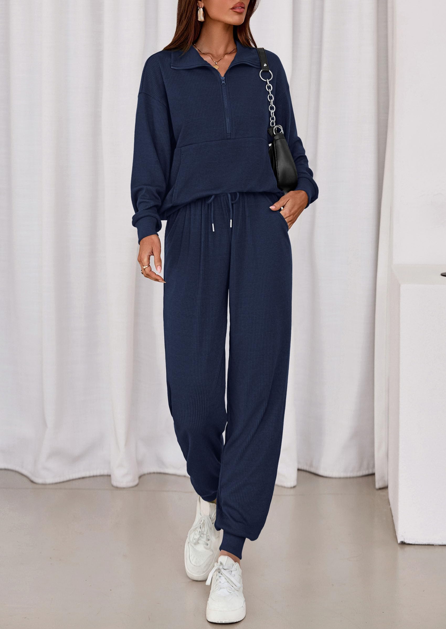 Airport Travel Outfit Women Ribbed Knit Matching Lounge Sets