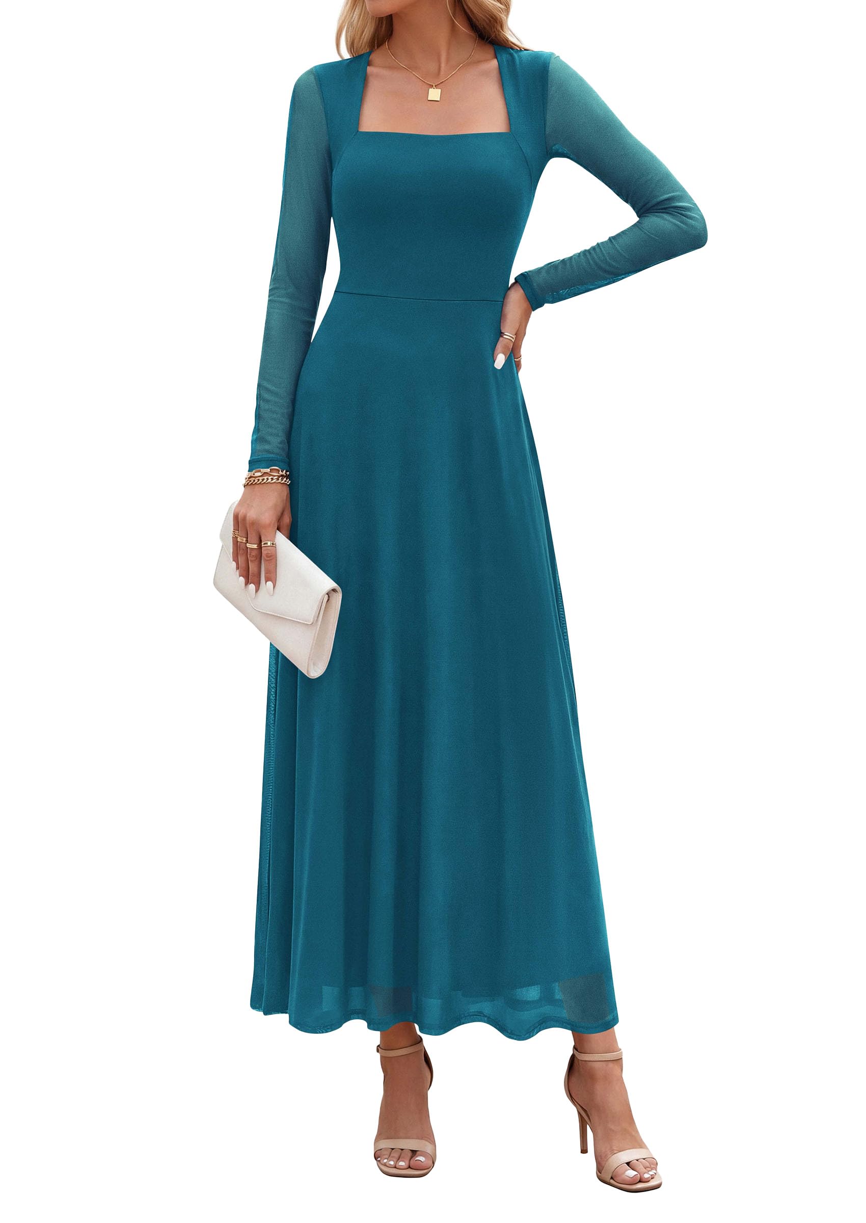 Women's Flowy Maxi Mesh Fall Cocktail Wedding Guest Dresses