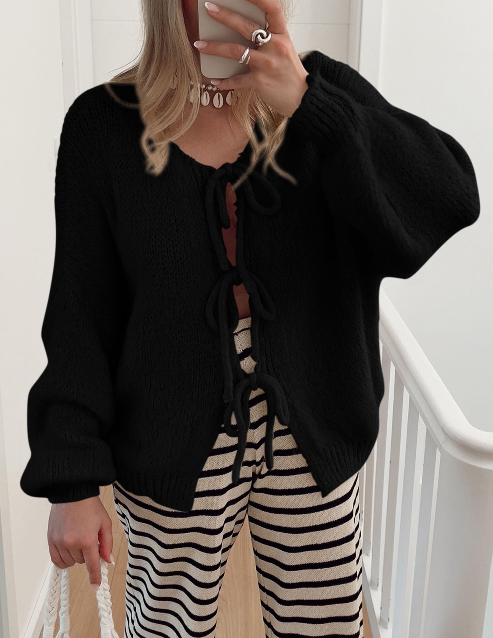 Women's Tie Front Bow Cardigan Sweaters(Black,Small)
