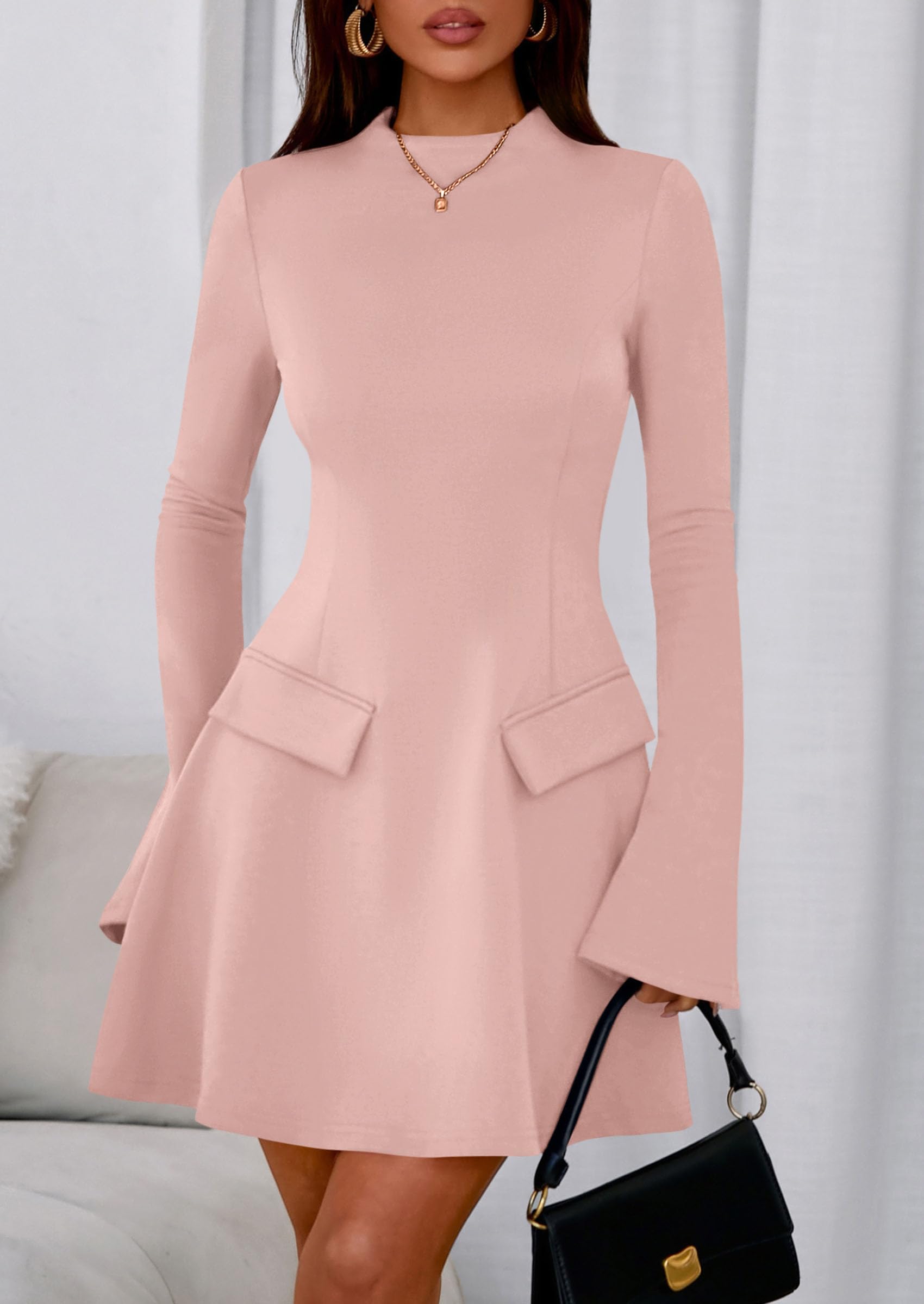 Women's Fall Bell Sleeve Short Dress,Light Pink,XS