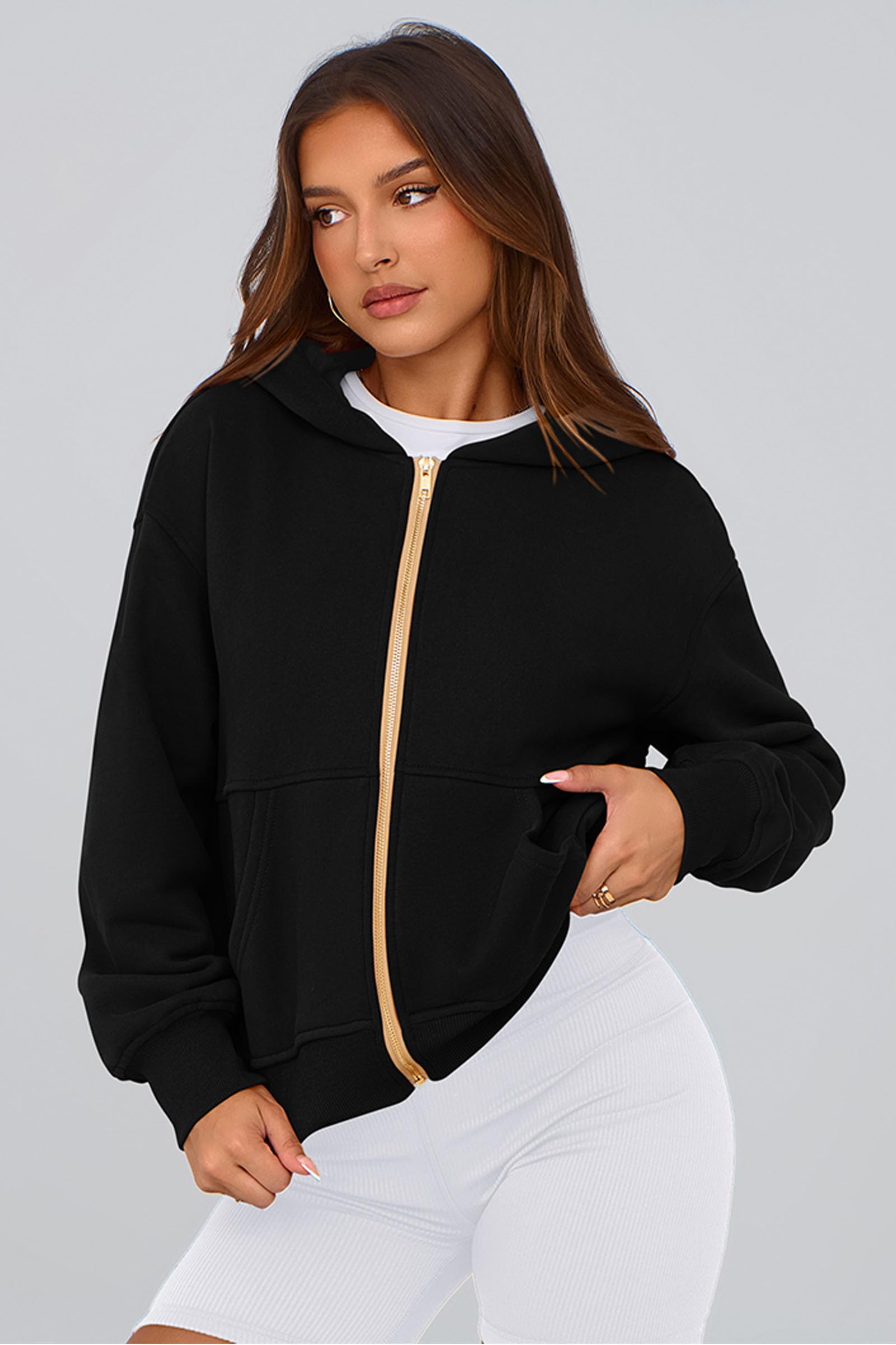 Hoodies for Women Fall Fashion Zip Up Fleece Plain Sweatshirt