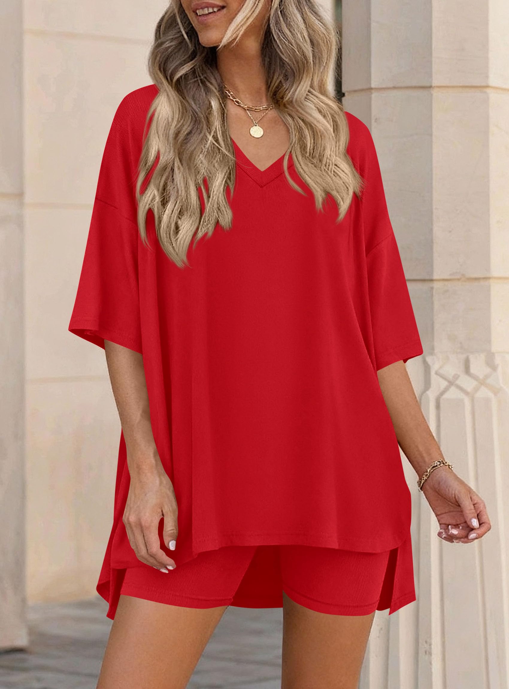Womens 2 Piece Outfit Lounge Short Sets,Red,S