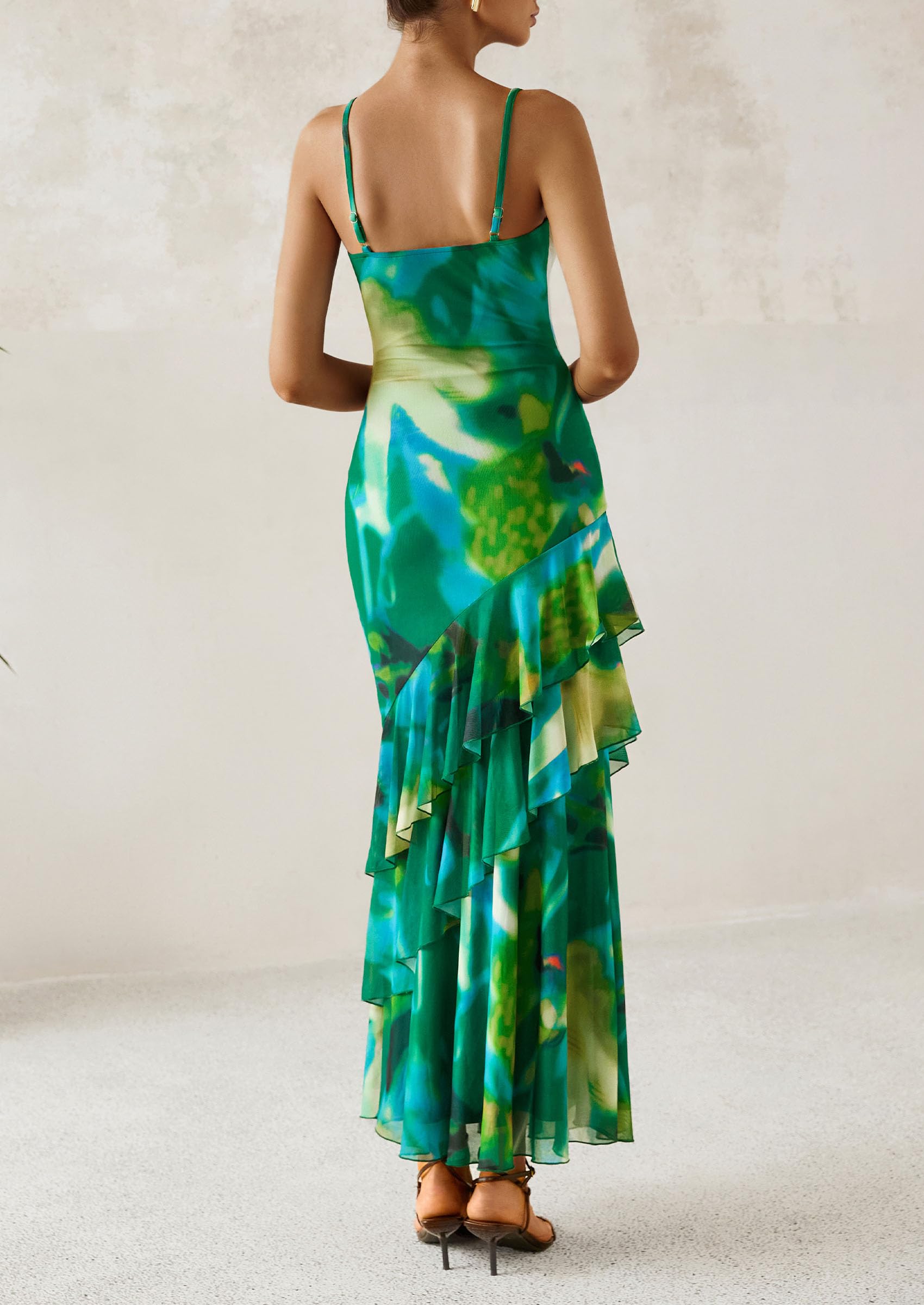 Women's Boho Floral Tiered Maxi Dress, Print Green,XS