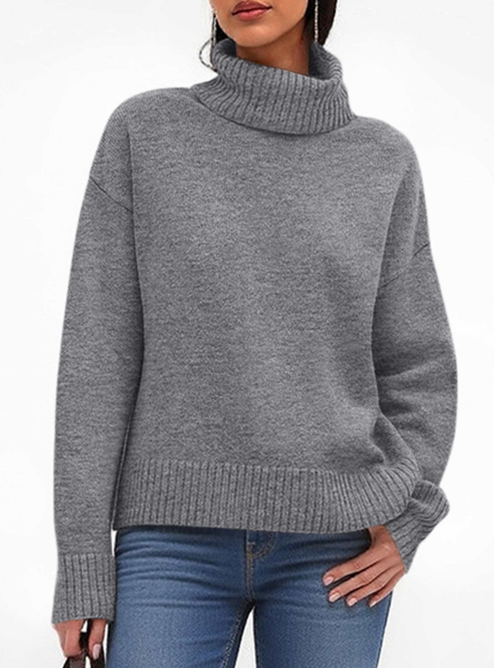 Womens Turtleneck Long Sleeve Knit Sweater,Grey,S